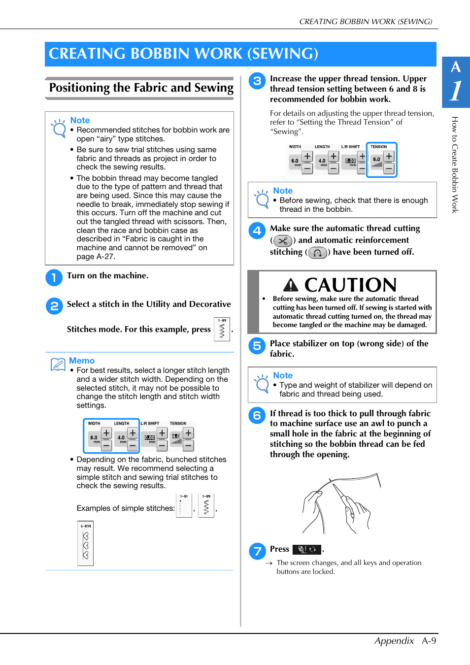 Caution, Creating bobbin work (sewing), Positioning the fabric and sewing | Brother Innov-is V5 User Manual | Page 275 / 312
