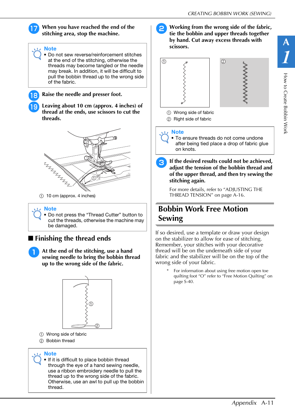 Bobbin work free motion sewing, Finishing the thread ends | Brother Innov-is V5 User Manual | Page 277 / 312