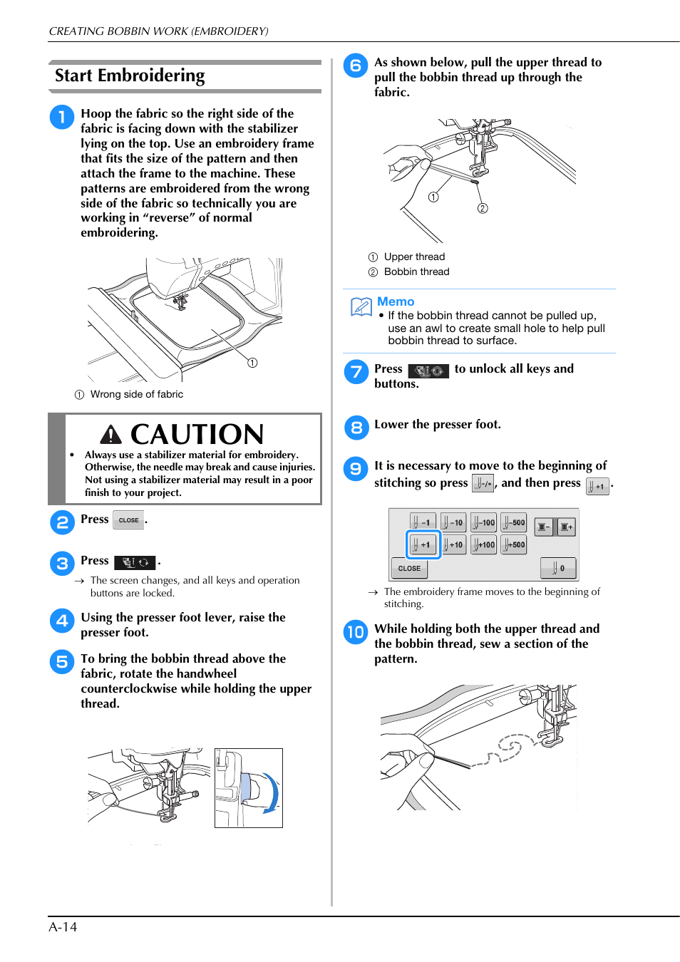 Caution, Start embroidering | Brother Innov-is V5 User Manual | Page 280 / 312