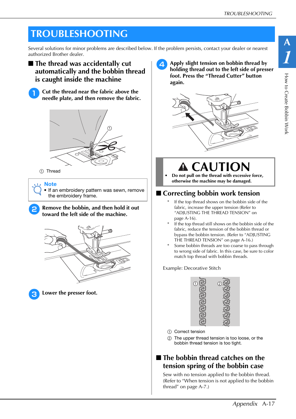 Caution, Troubleshooting, Correcting bobbin work tension | Brother Innov-is V5 User Manual | Page 283 / 312