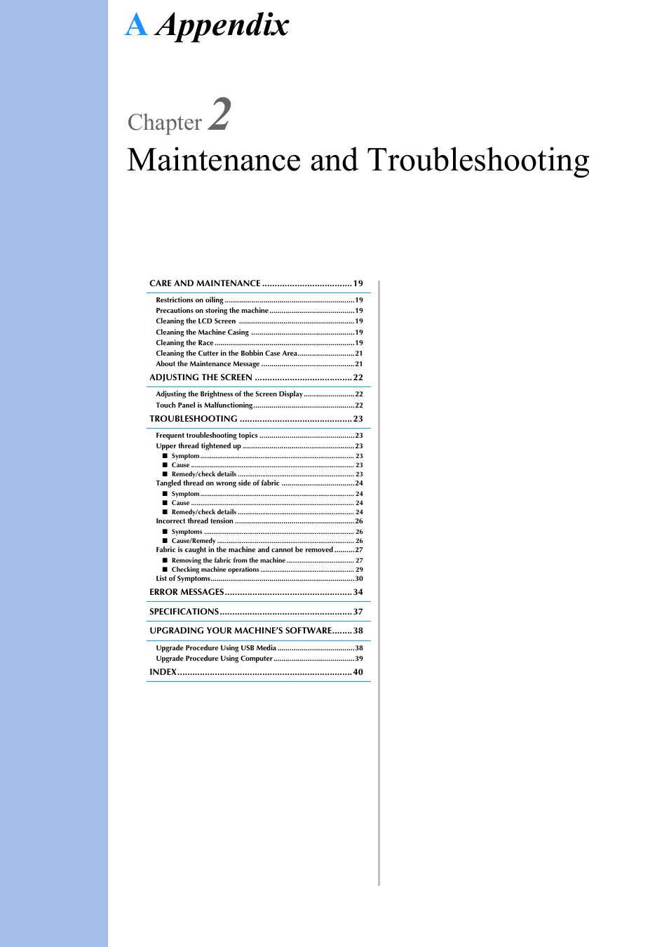 Aappendix maintenance and troubleshooting, Chapter | Brother Innov-is V5 User Manual | Page 284 / 312