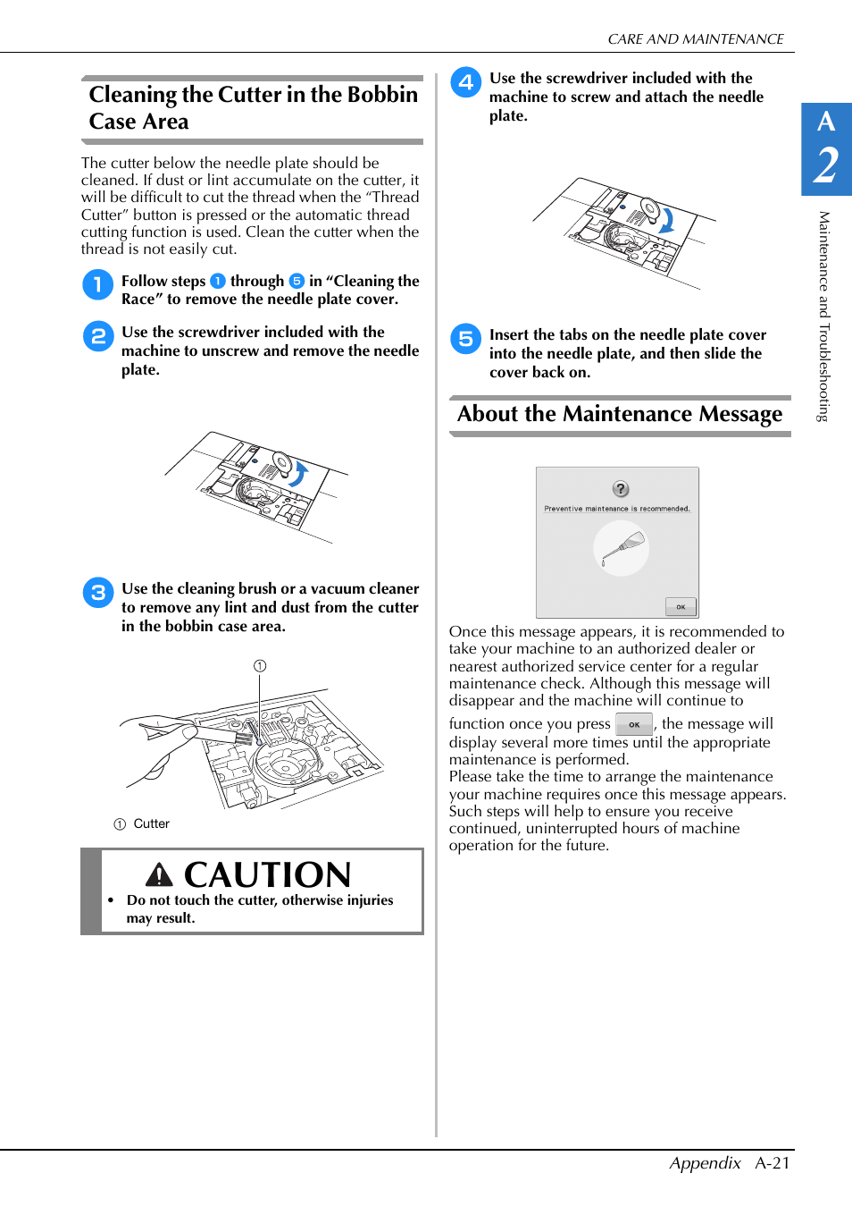 Caution, Cleaning the cutter in the bobbin case area, About the maintenance message | Brother Innov-is V5 User Manual | Page 287 / 312