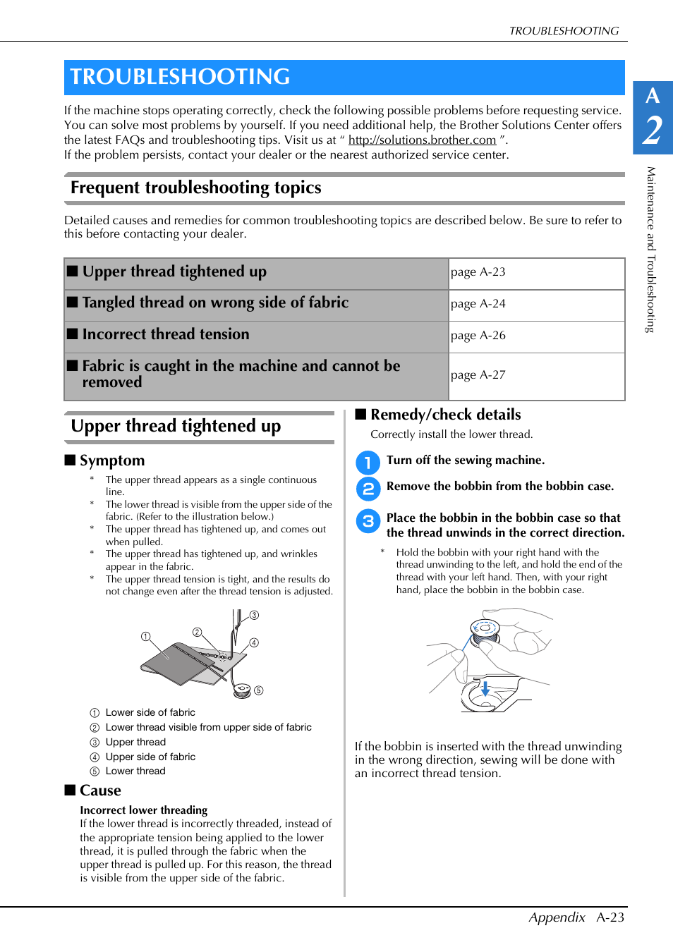 Troubleshooting, Frequent troubleshooting topics, Upper thread tightened up | Symptom, Cause, Remedy/check details, Tangled thread on wrong side of fabric, Incorrect thread tension | Brother Innov-is V5 User Manual | Page 289 / 312
