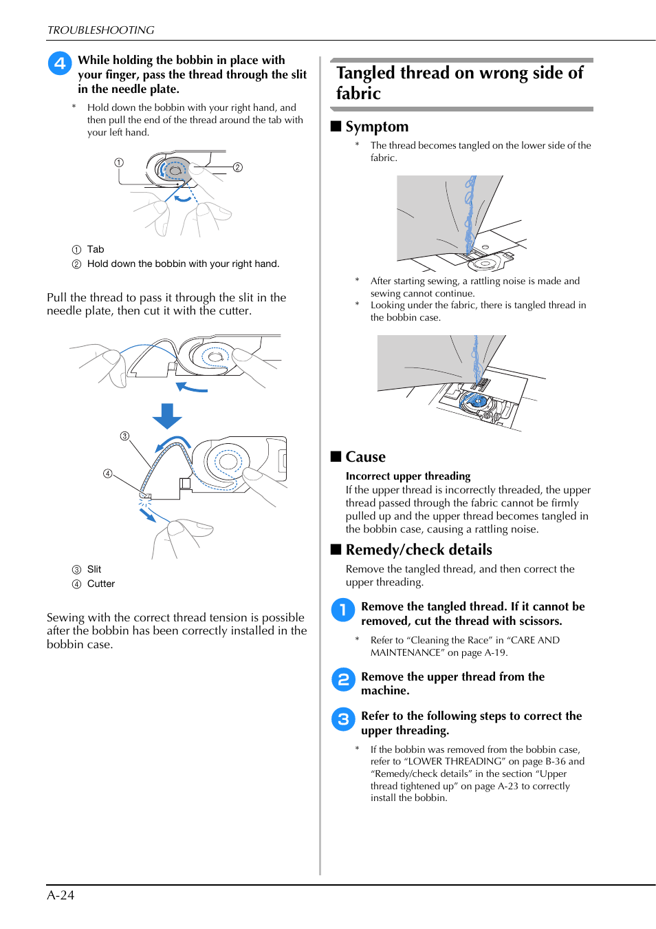 Tangled thread on wrong side of fabric, Symptom, Cause | Remedy/check details | Brother Innov-is V5 User Manual | Page 290 / 312