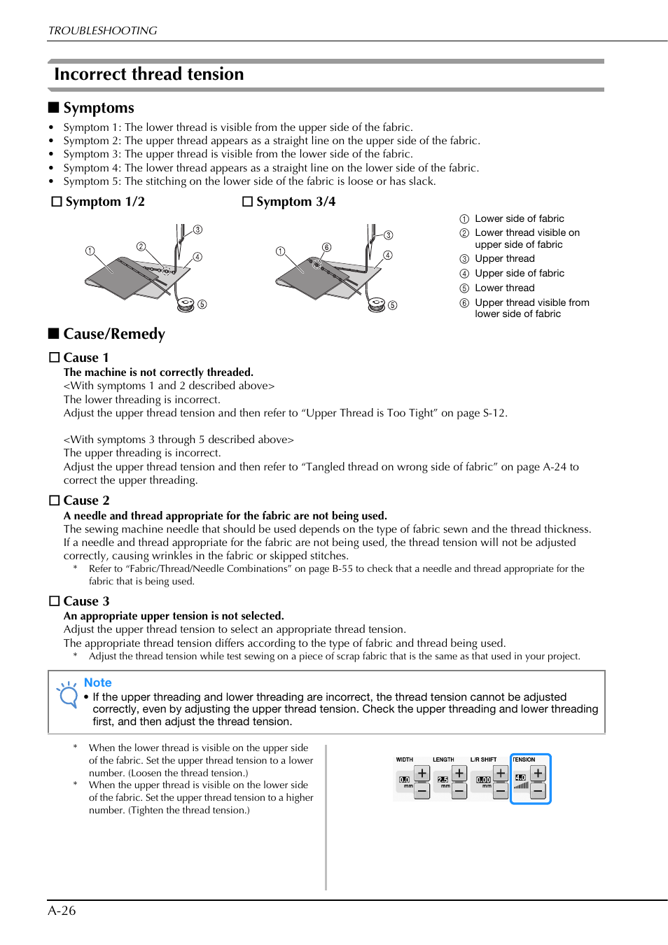 Incorrect thread tension, Symptoms, Cause/remedy | Brother Innov-is V5 User Manual | Page 292 / 312
