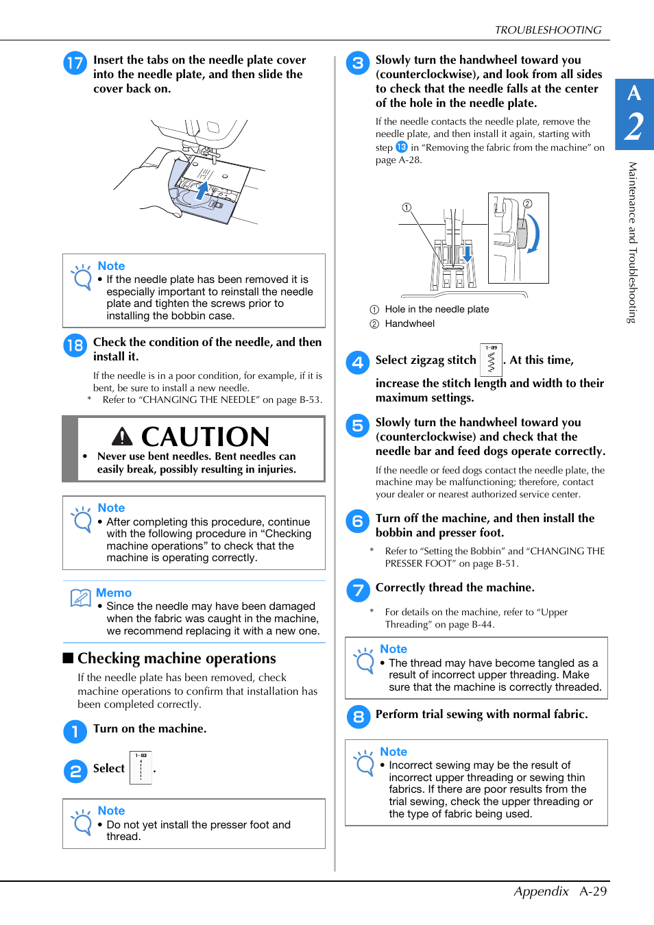Caution, Checking machine operations | Brother Innov-is V5 User Manual | Page 295 / 312