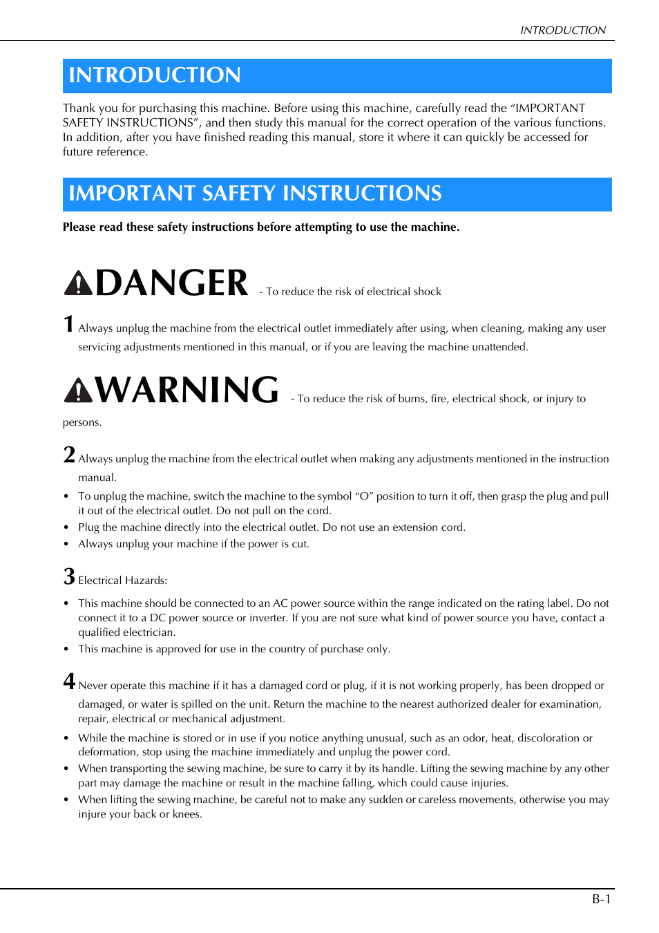 Danger, Warning, Introduction important safety instructions | Brother Innov-is V5 User Manual | Page 3 / 312