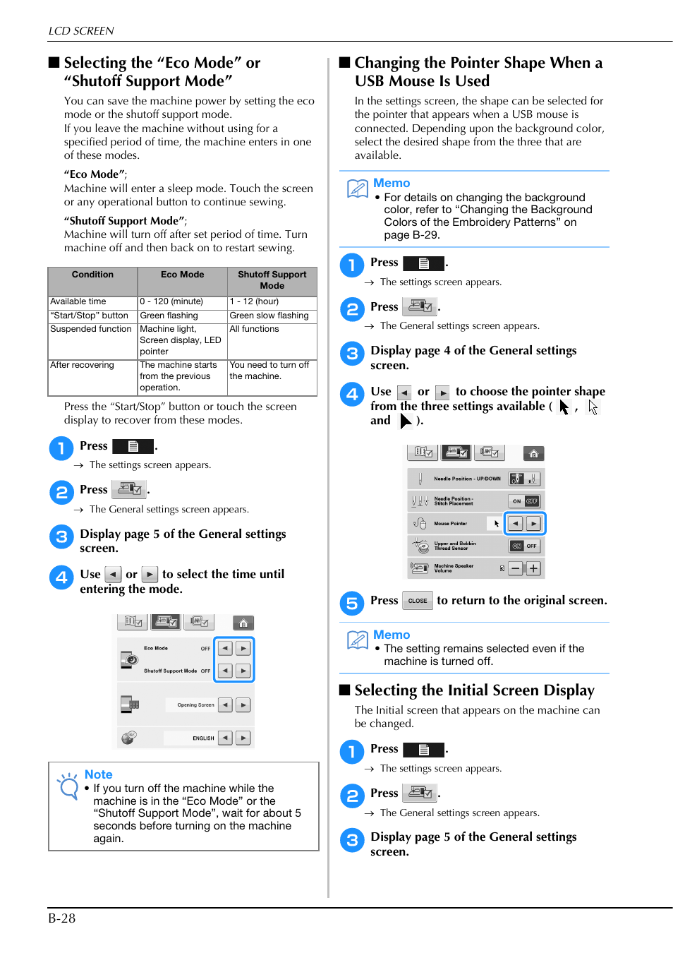 Selecting the “eco mode” or “shutoff support mode, Selecting the initial screen display, B-28 | Brother Innov-is V5 User Manual | Page 30 / 312