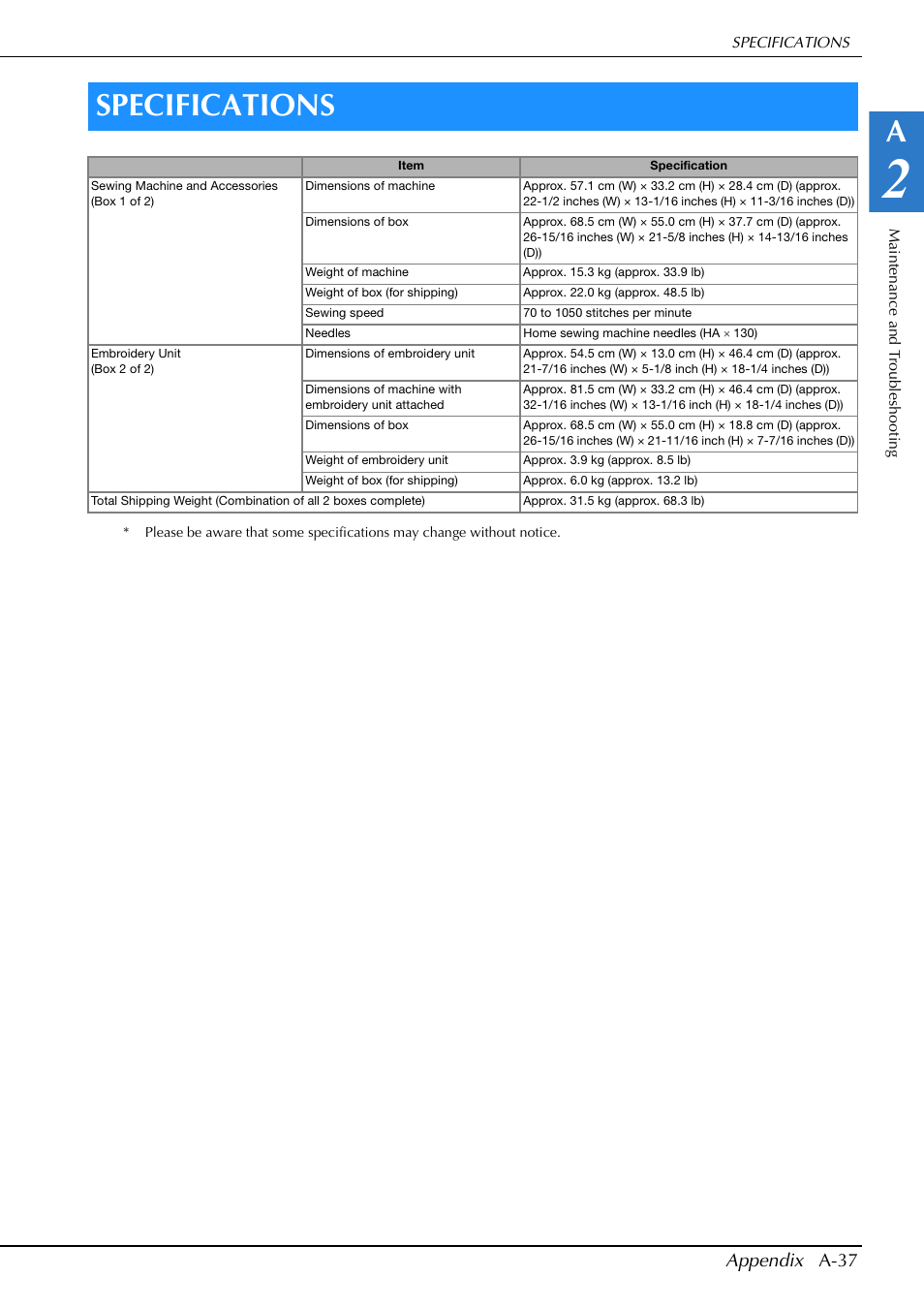 Specifications, Appendix a-37 | Brother Innov-is V5 User Manual | Page 303 / 312