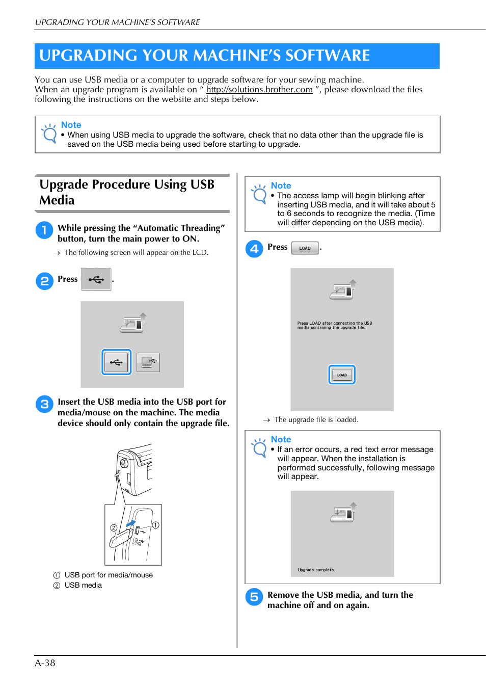 Upgrading your machine’s software, Upgrade procedure using usb media | Brother Innov-is V5 User Manual | Page 304 / 312
