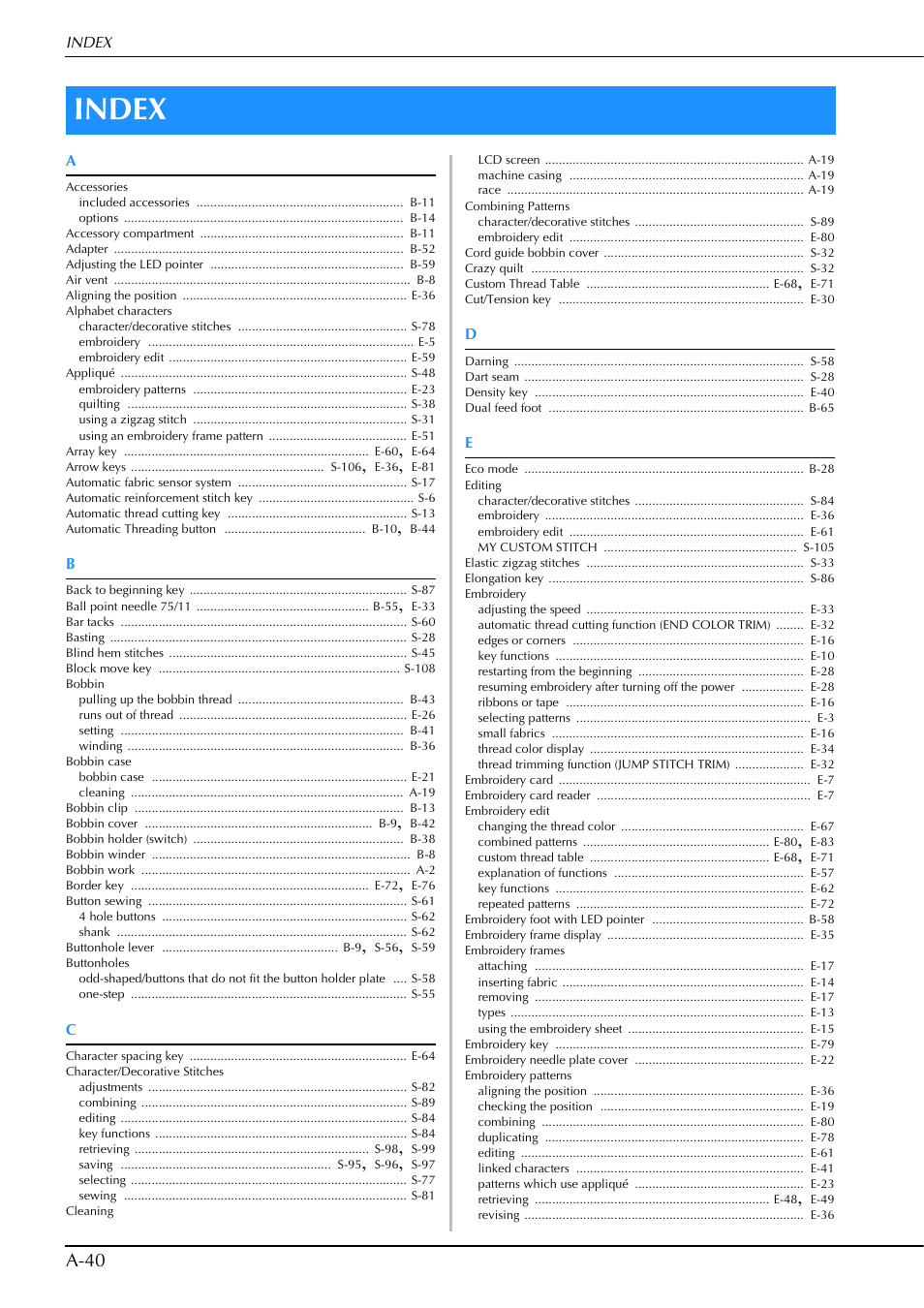 Index, A-40 | Brother Innov-is V5 User Manual | Page 306 / 312