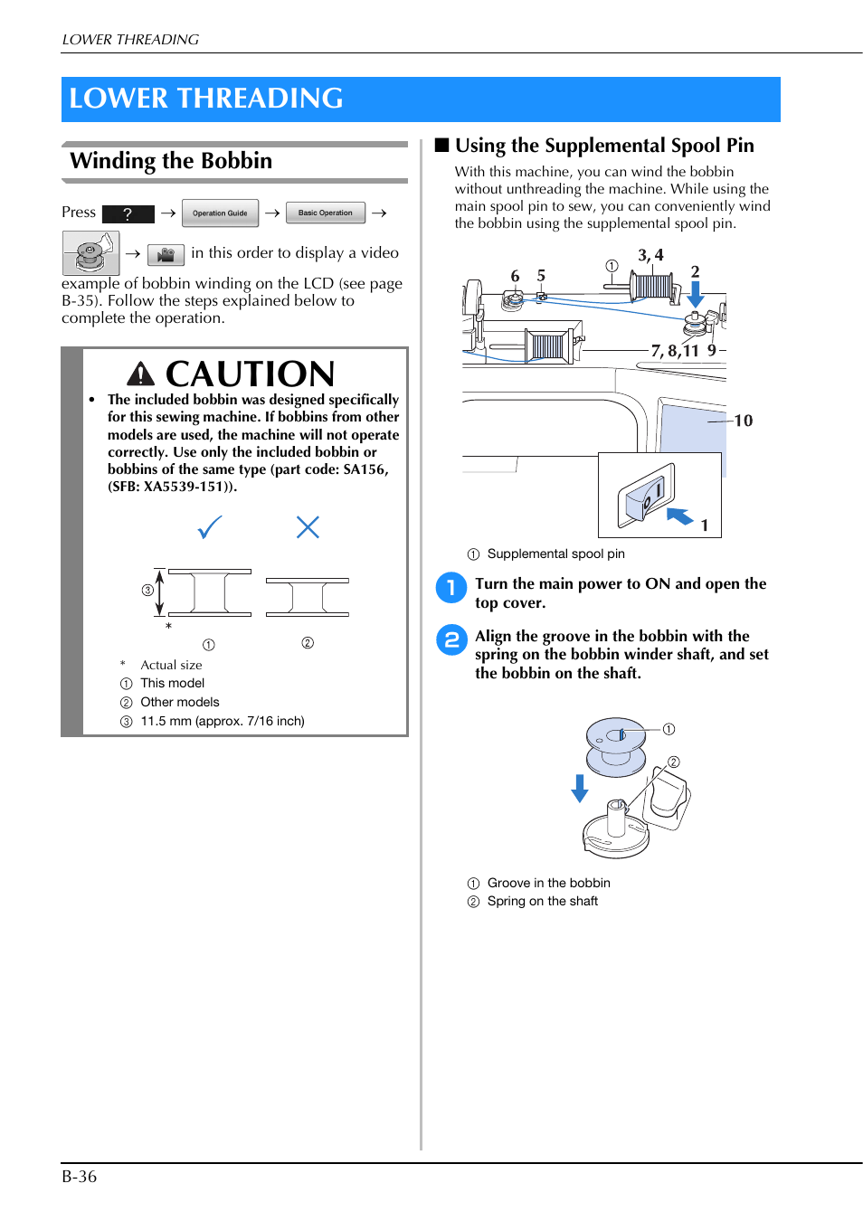Caution, Lower threading, Winding the bobbin | Using the supplemental spool pin | Brother Innov-is V5 User Manual | Page 38 / 312