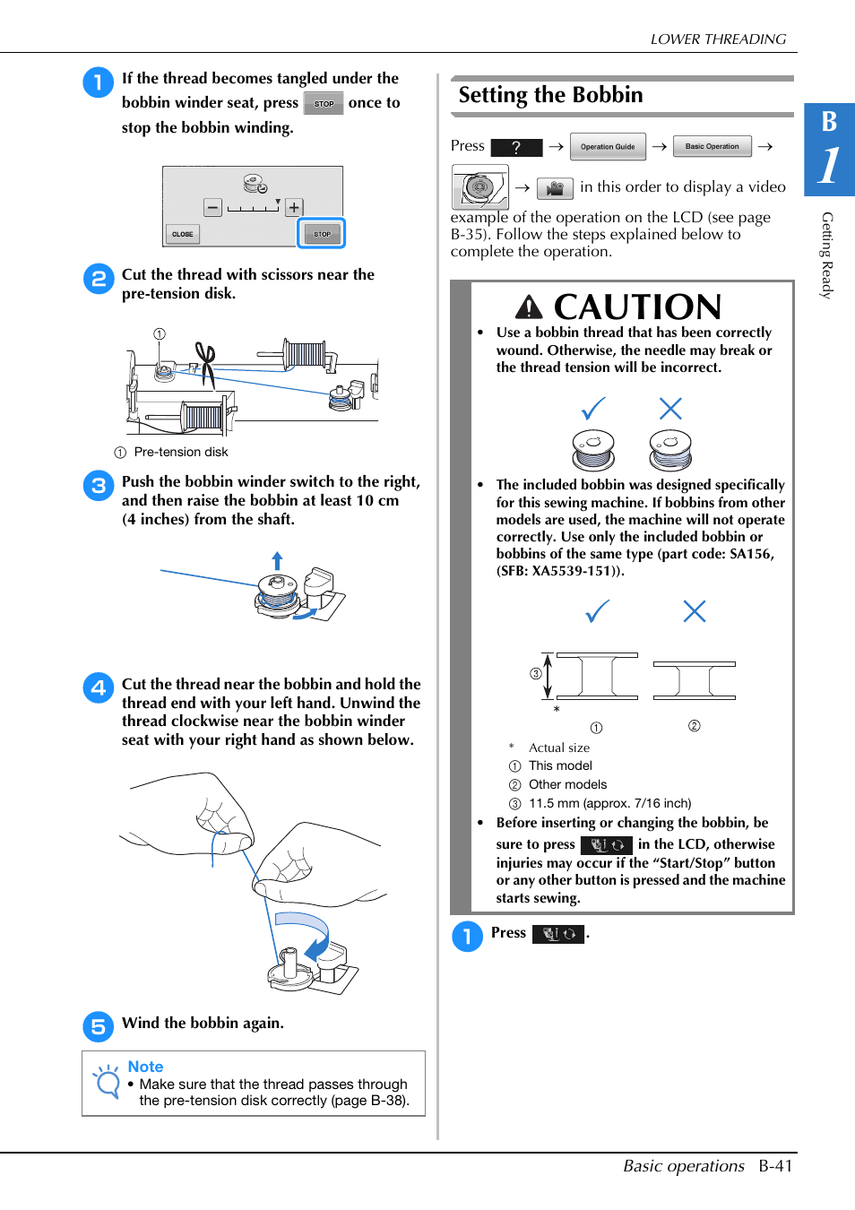Caution, Setting the bobbin | Brother Innov-is V5 User Manual | Page 43 / 312
