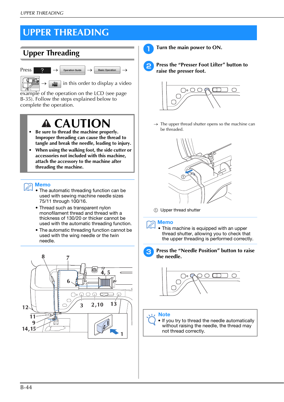 Caution, Upper threading | Brother Innov-is V5 User Manual | Page 46 / 312