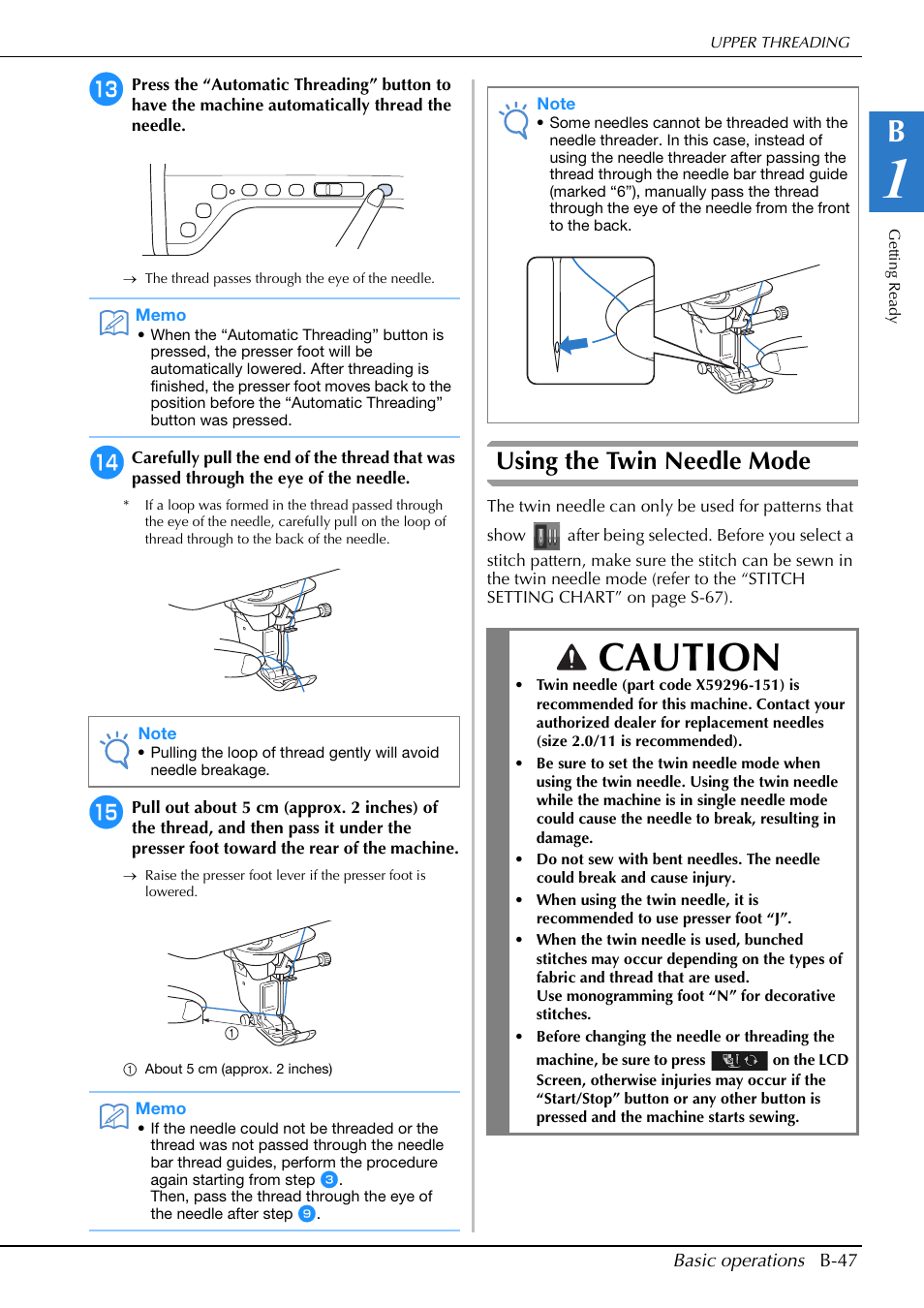 Caution, Using the twin needle mode | Brother Innov-is V5 User Manual | Page 49 / 312