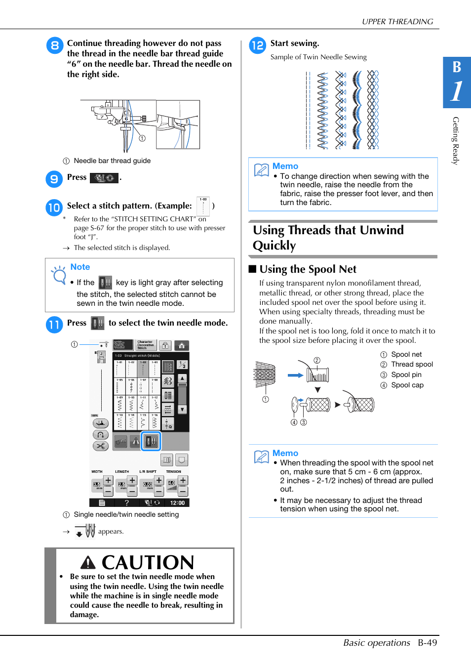 Caution, Using threads that unwind quickly, Using the spool net | Brother Innov-is V5 User Manual | Page 51 / 312