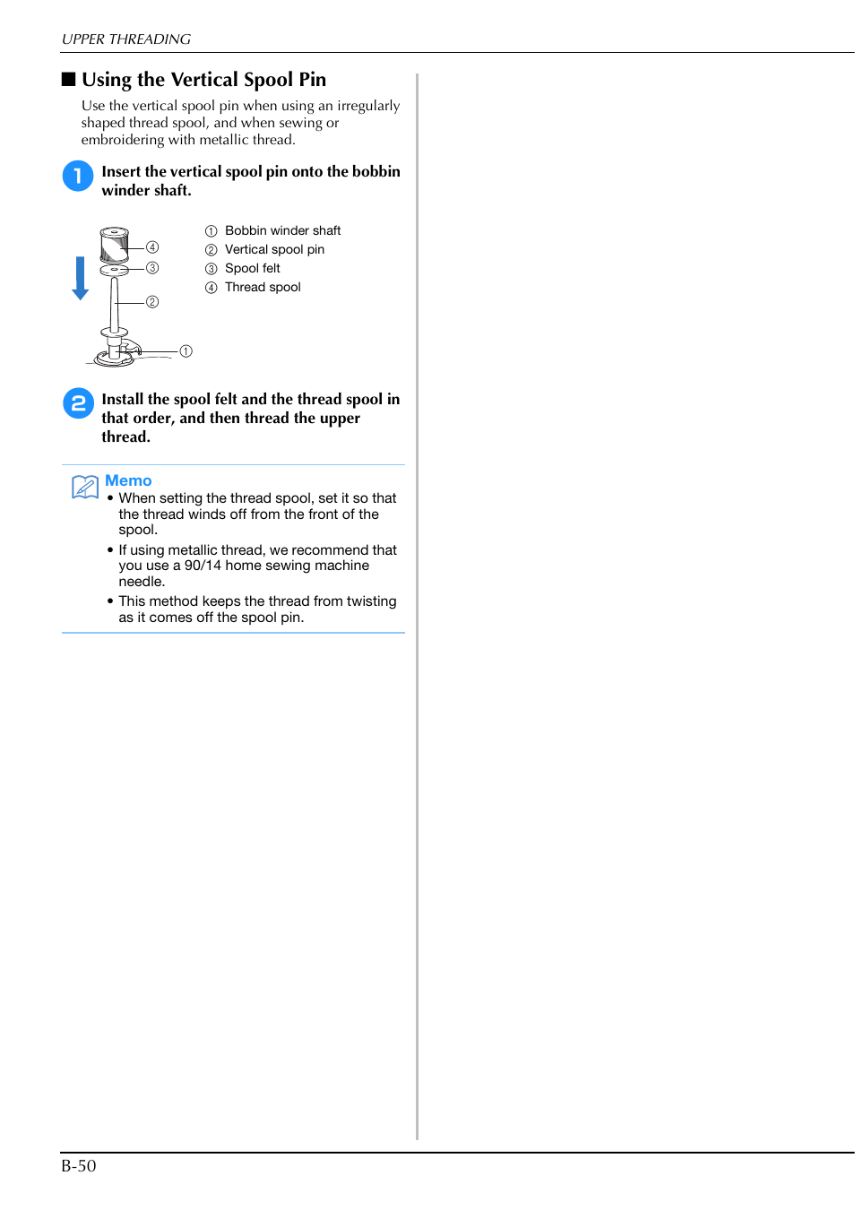 Using the vertical spool pin | Brother Innov-is V5 User Manual | Page 52 / 312