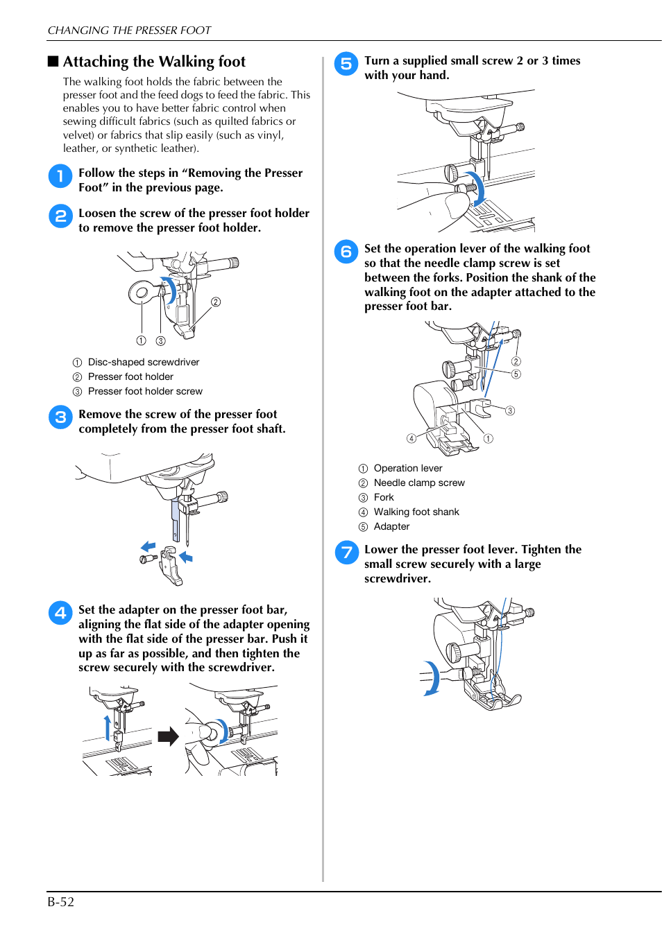 Attaching the walking foot | Brother Innov-is V5 User Manual | Page 54 / 312