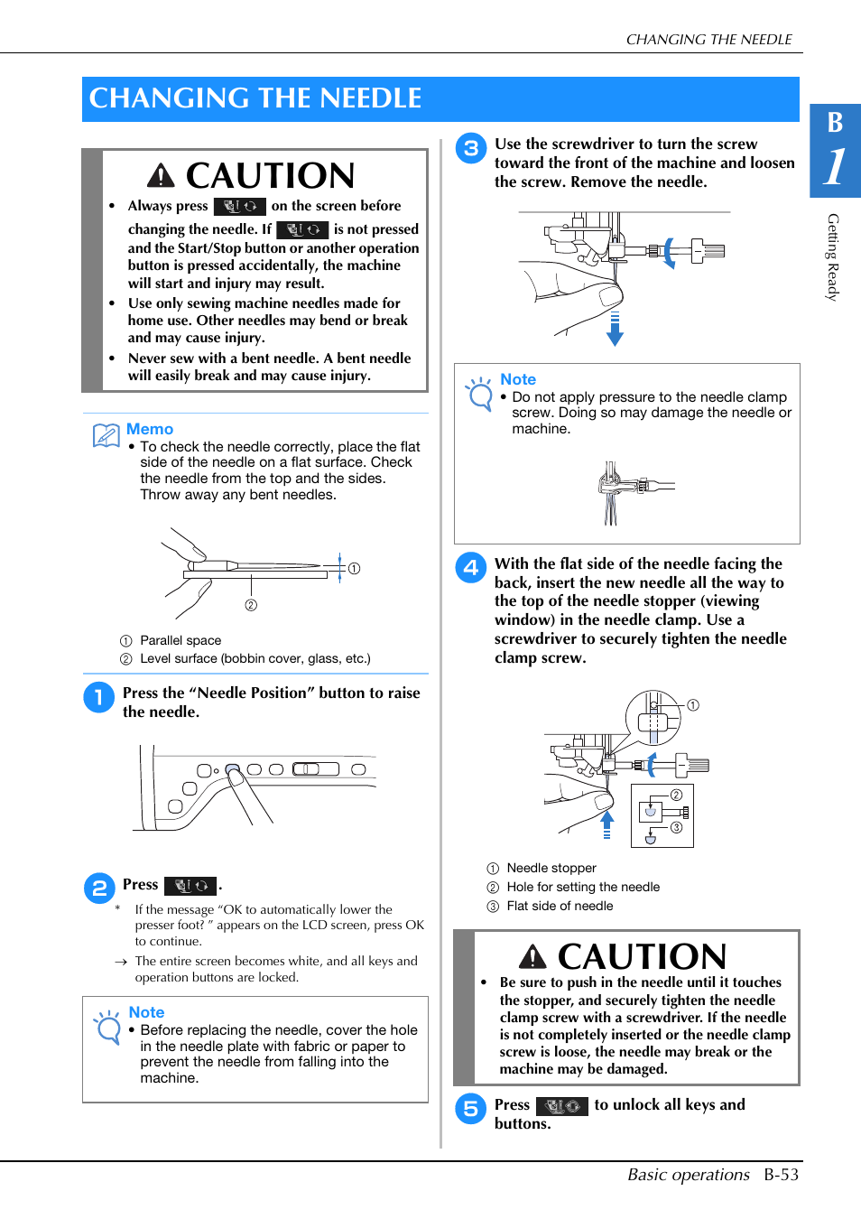Caution, Changing the needle | Brother Innov-is V5 User Manual | Page 55 / 312