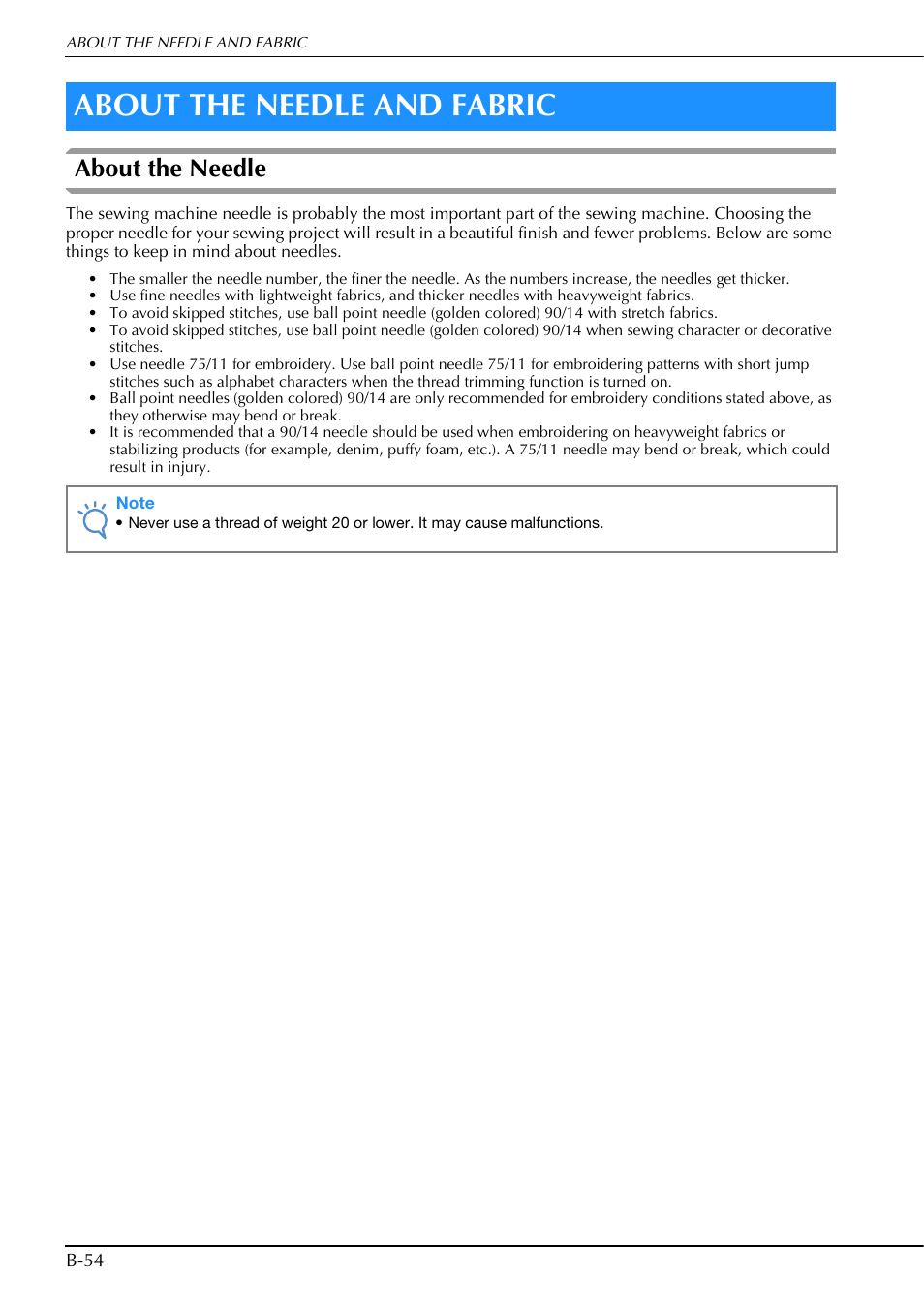 About the needle and fabric, About the needle | Brother Innov-is V5 User Manual | Page 56 / 312