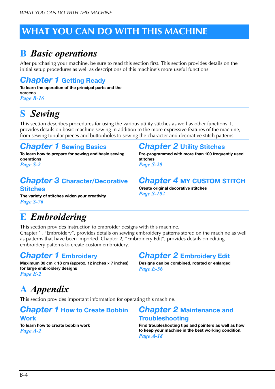 Bbasic operations, Ssewing, Eembroidering | Aappendix, What you can do with this machine, Chapter 1, Chapter 2, Chapter 3, Chapter 4 | Brother Innov-is V5 User Manual | Page 6 / 312