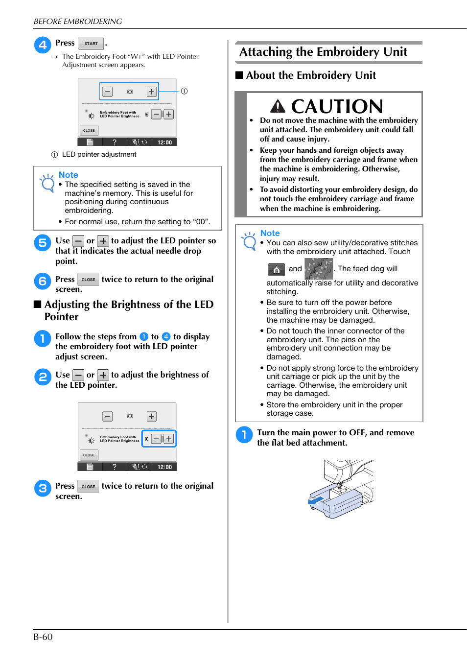 Caution, Attaching the embroidery unit, Adjusting the brightness of the led pointer | About the embroidery unit | Brother Innov-is V5 User Manual | Page 62 / 312