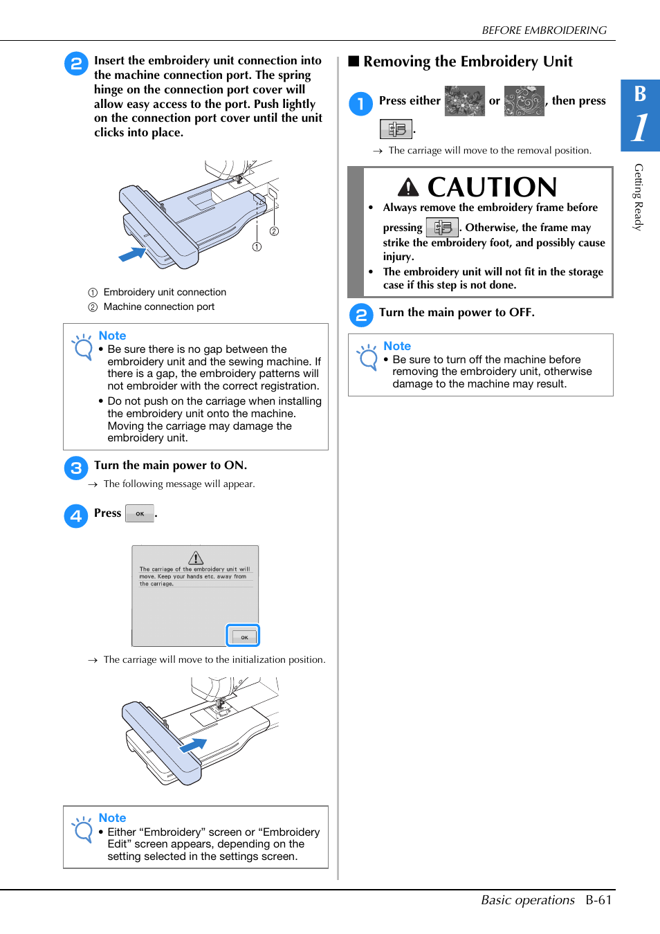 Caution, Removing the embroidery unit | Brother Innov-is V5 User Manual | Page 63 / 312
