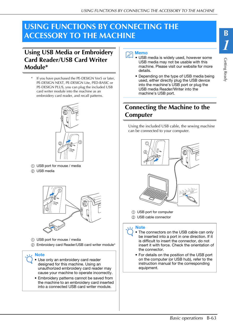 Connecting the machine to the computer | Brother Innov-is V5 User Manual | Page 65 / 312