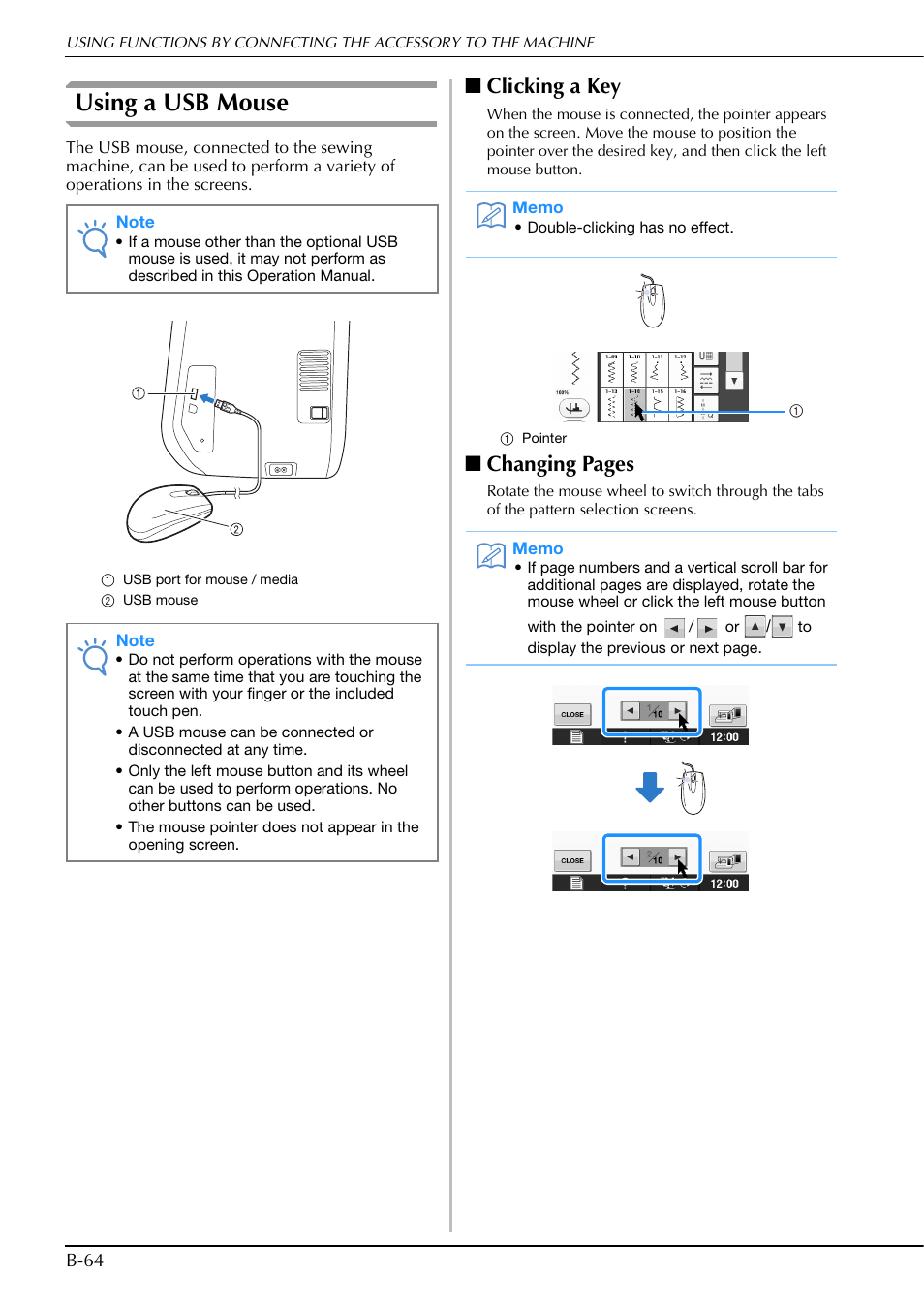 Using a usb mouse, Clicking a key, Changing pages | Brother Innov-is V5 User Manual | Page 66 / 312