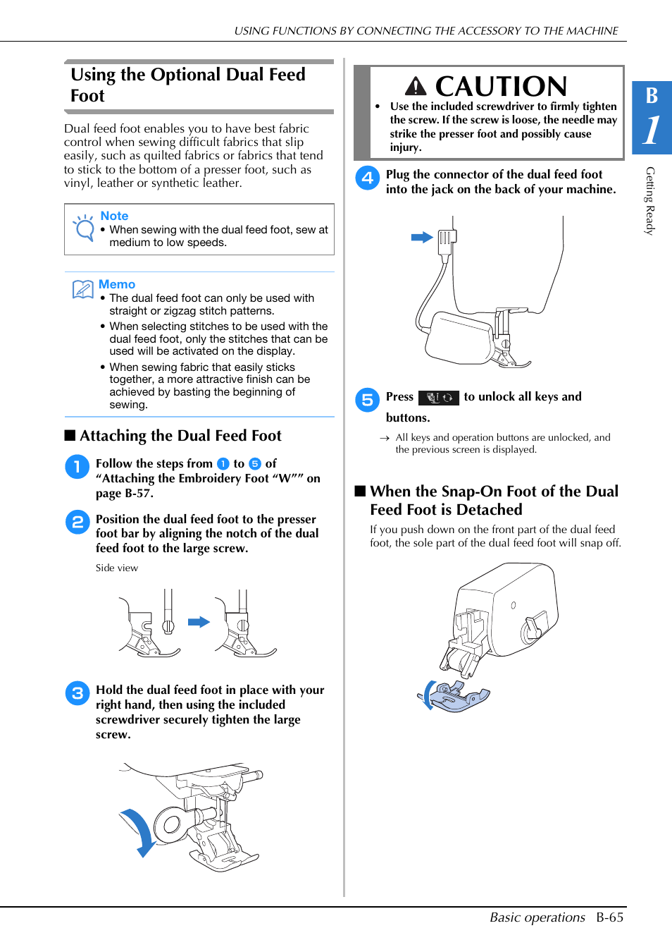 Caution, Using the optional dual feed foot, Attaching the dual feed foot | Brother Innov-is V5 User Manual | Page 67 / 312