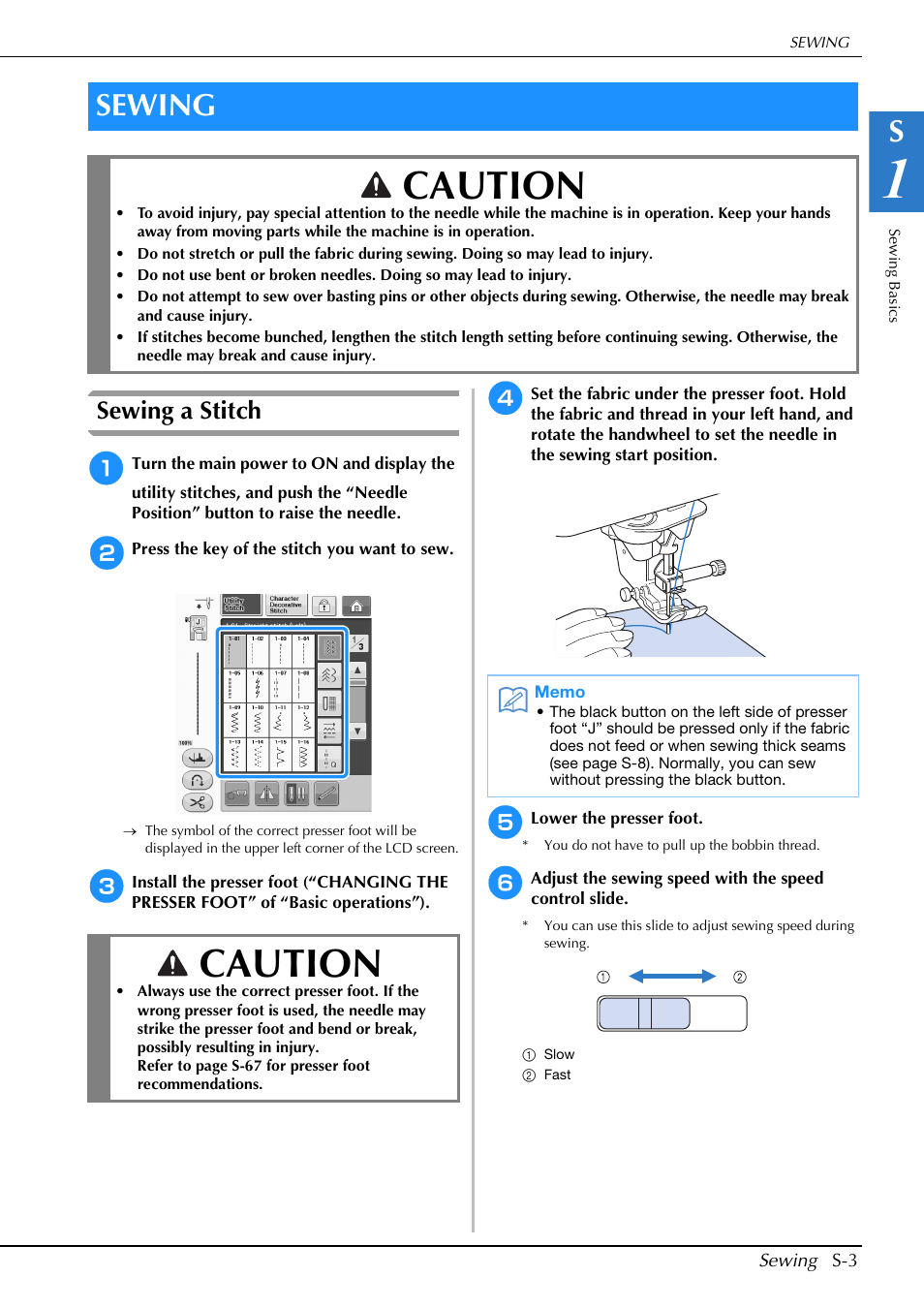 Caution, Sewing, Sewing a stitch | Brother Innov-is V5 User Manual | Page 71 / 312