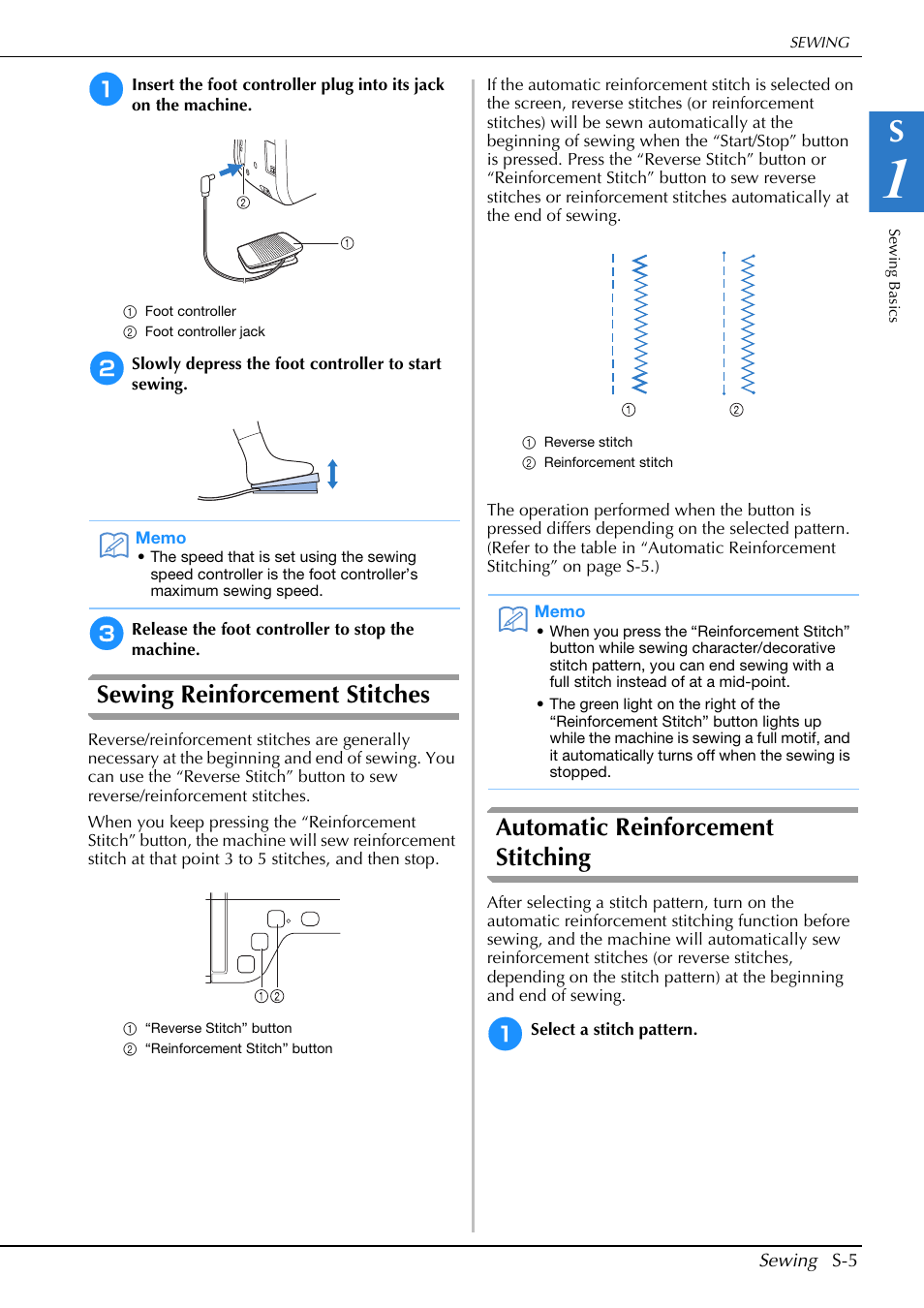 Sewing reinforcement stitches, Automatic reinforcement stitching | Brother Innov-is V5 User Manual | Page 73 / 312
