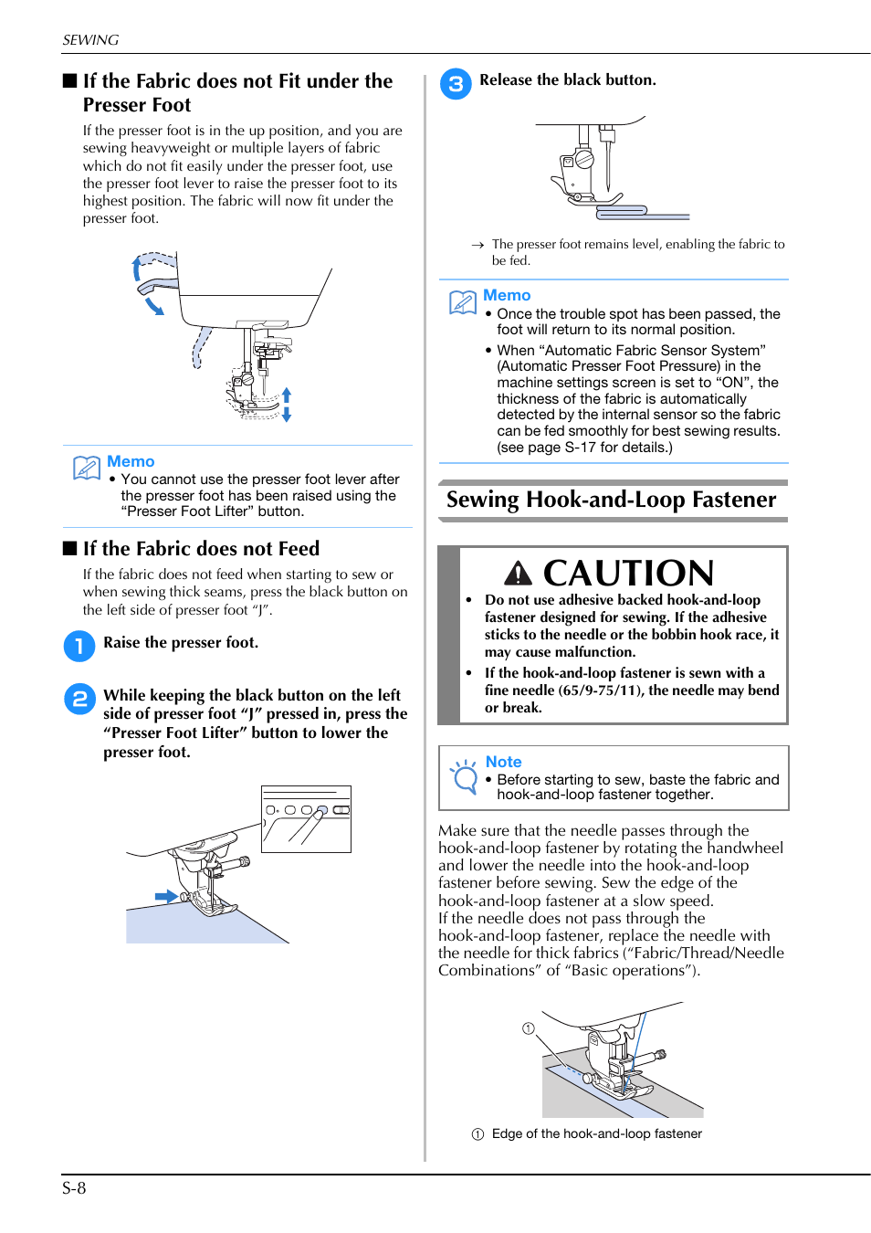 Caution, Sewing hook-and-loop fastener, If the fabric does not fit under the presser foot | If the fabric does not feed | Brother Innov-is V5 User Manual | Page 76 / 312
