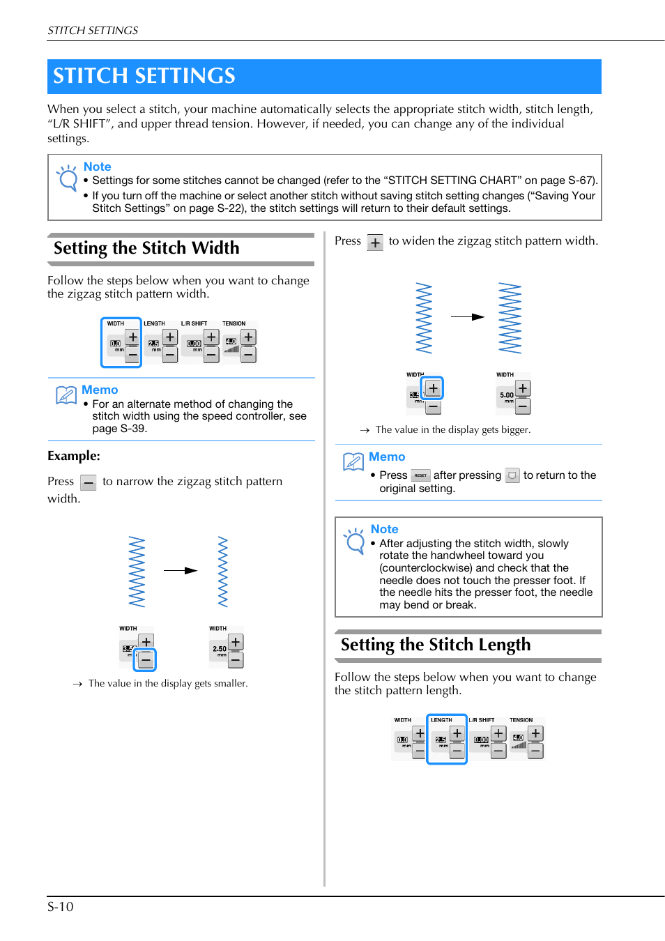 Stitch settings, Setting the stitch width, Setting the stitch length | Brother Innov-is V5 User Manual | Page 78 / 312