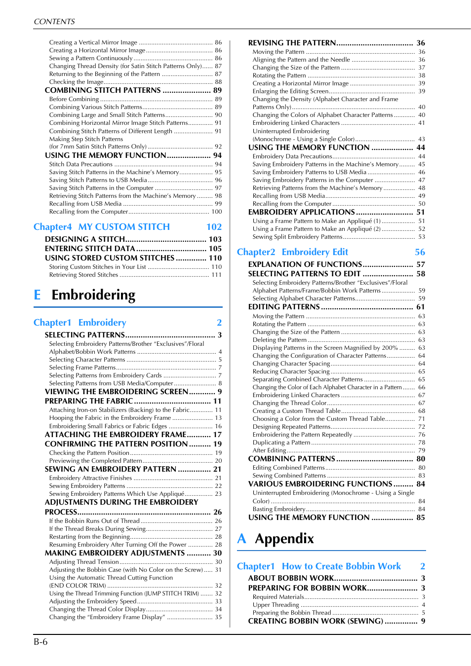 Eembroidering, Aappendix | Brother Innov-is V5 User Manual | Page 8 / 312