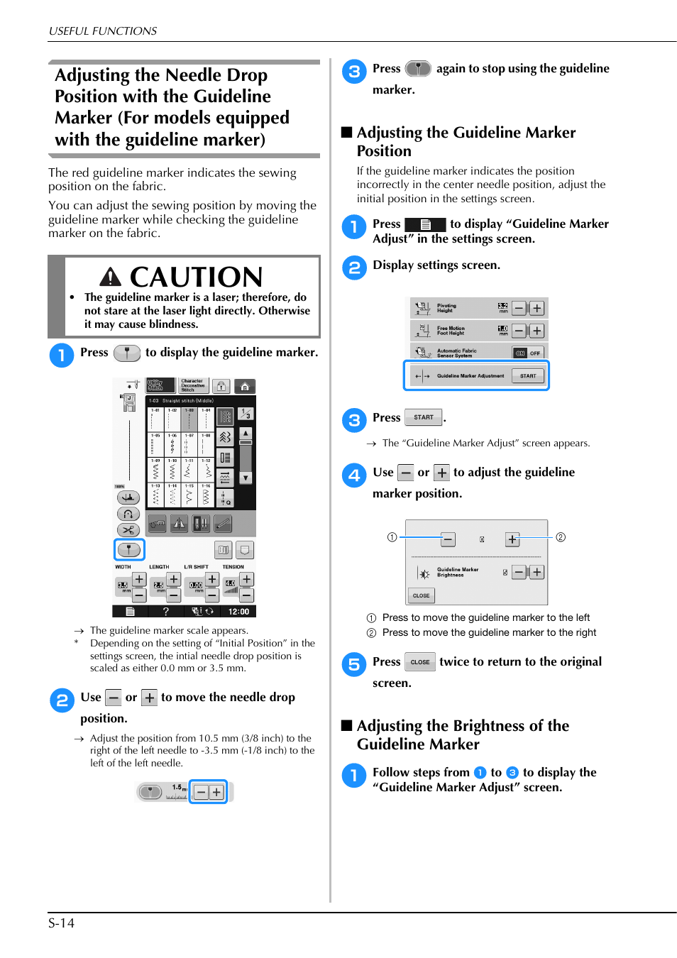 Caution, Adjusting the guideline marker position, Adjusting the brightness of the guideline marker | Brother Innov-is V5 User Manual | Page 82 / 312