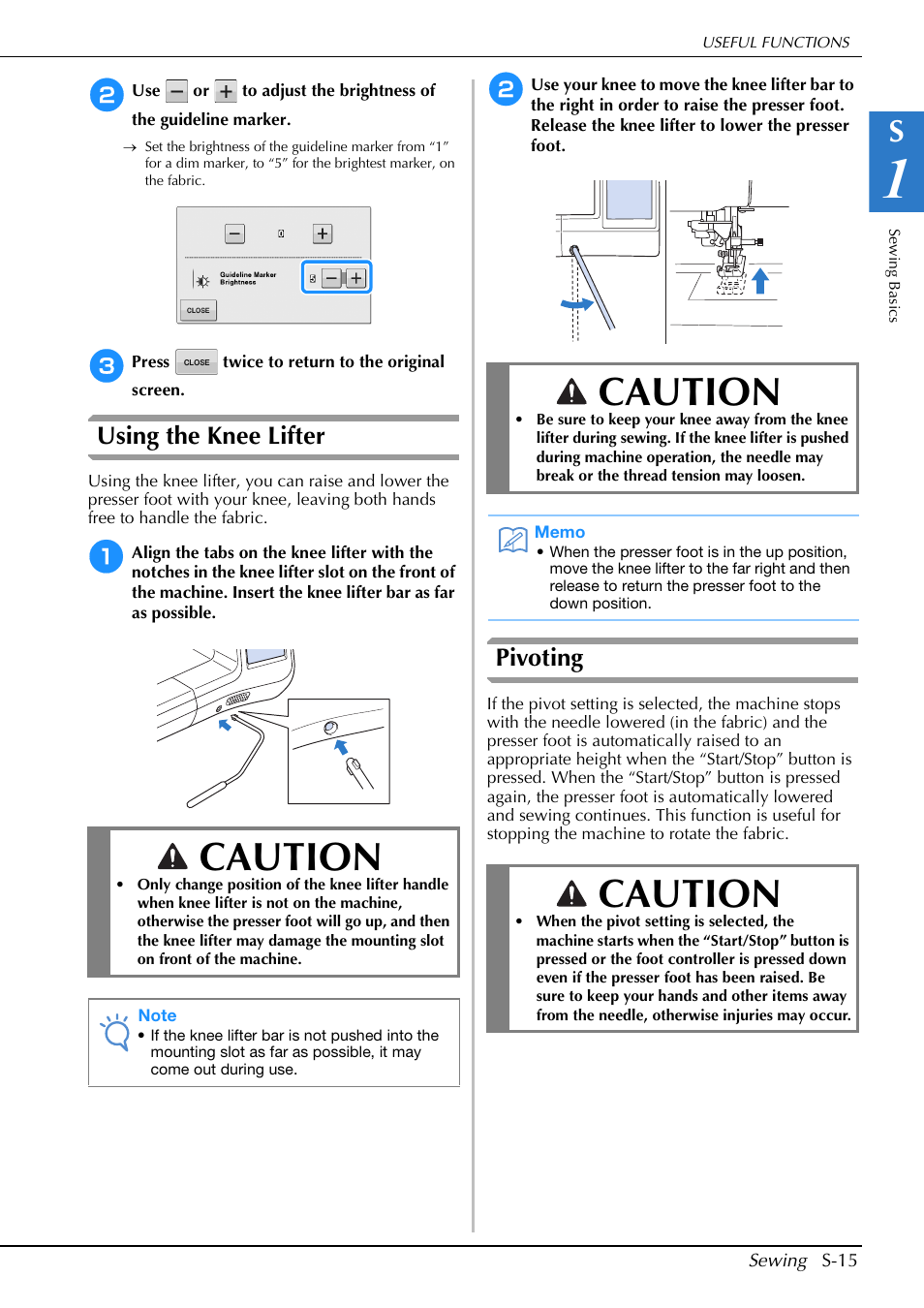 Caution, Using the knee lifter, Pivoting | Brother Innov-is V5 User Manual | Page 83 / 312