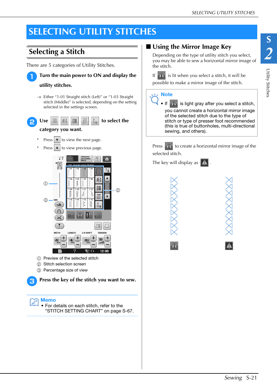 Selecting utility stitches, Selecting a stitch, Using the mirror image key | Brother Innov-is V5 User Manual | Page 89 / 312