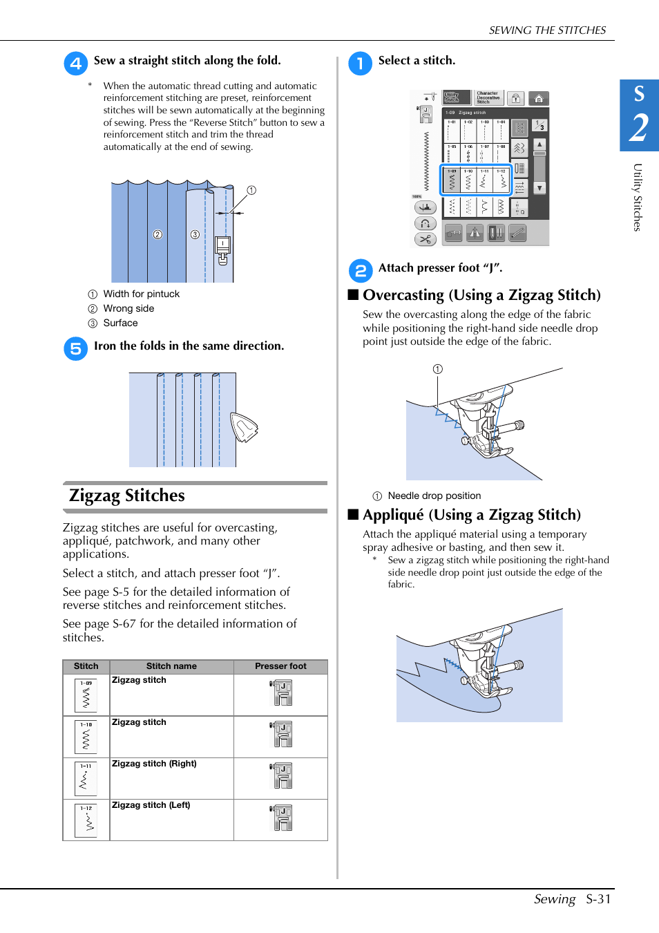 Zigzag stitches, Overcasting (using a zigzag stitch), Appliqué (using a zigzag stitch) | Brother Innov-is V5 User Manual | Page 99 / 312