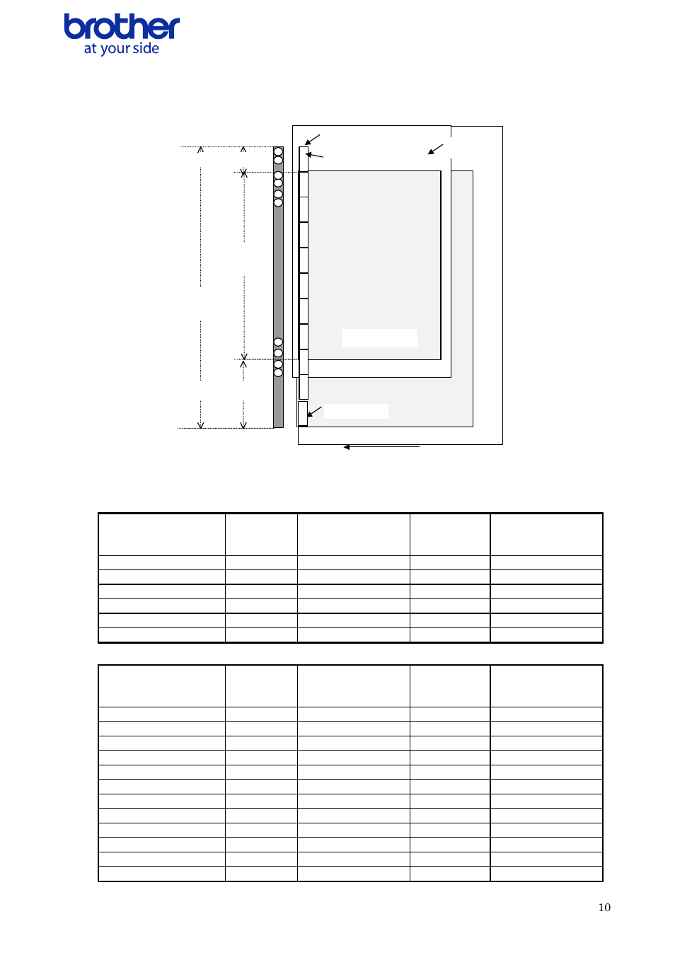 Raster line arrangement, Continuous length tape, Label size | Number of pins for left margin, Number of print area pins, Number of pins for right margin, Number of raster graphics transfer bytes, 12mm, 29mm, 38mm | Brother QL-700 User Manual | Page 11 / 37