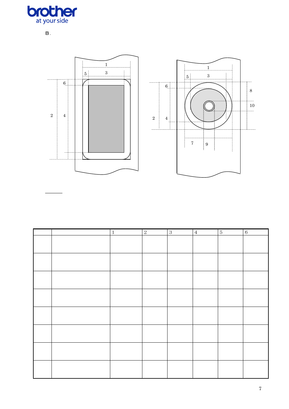 Ｂ． die-cut labels, Number 1 width 2 length, 5 width offset 6 length offset | 9 width of masked area 10 length of masked area, 17mm x 54mm, 2/3” x 2-1/8, 66” x 2.1”), 02mm, 201 dots, 85mm | Brother QL-700 User Manual | Page 8 / 37