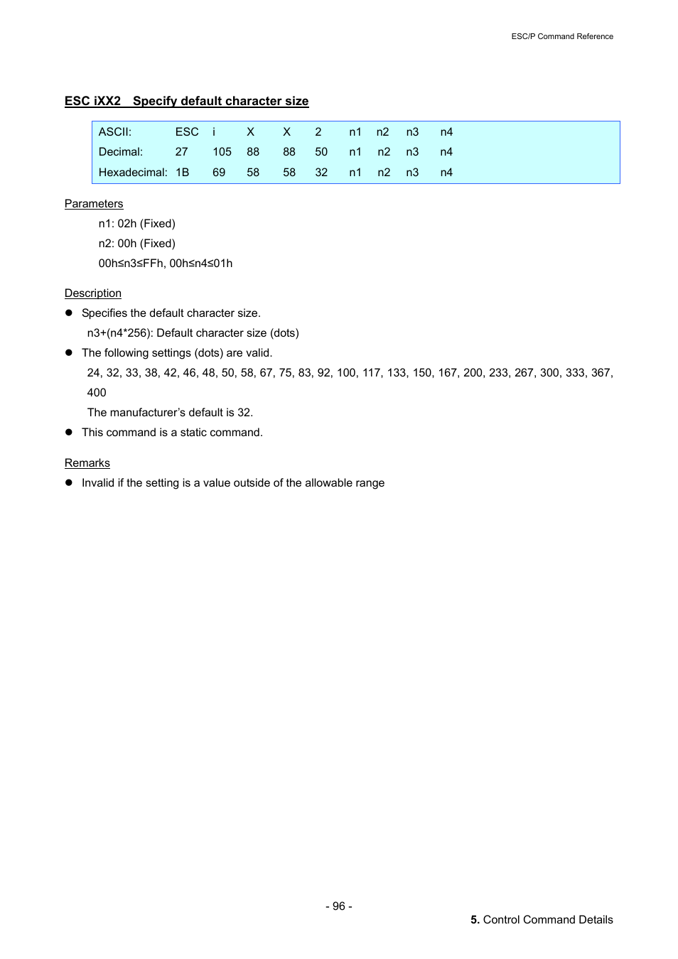 Esc ixx2 specify default character size, Esc ixx2, Specify default character size | Brother QL-720NW User Manual | Page 102 / 117