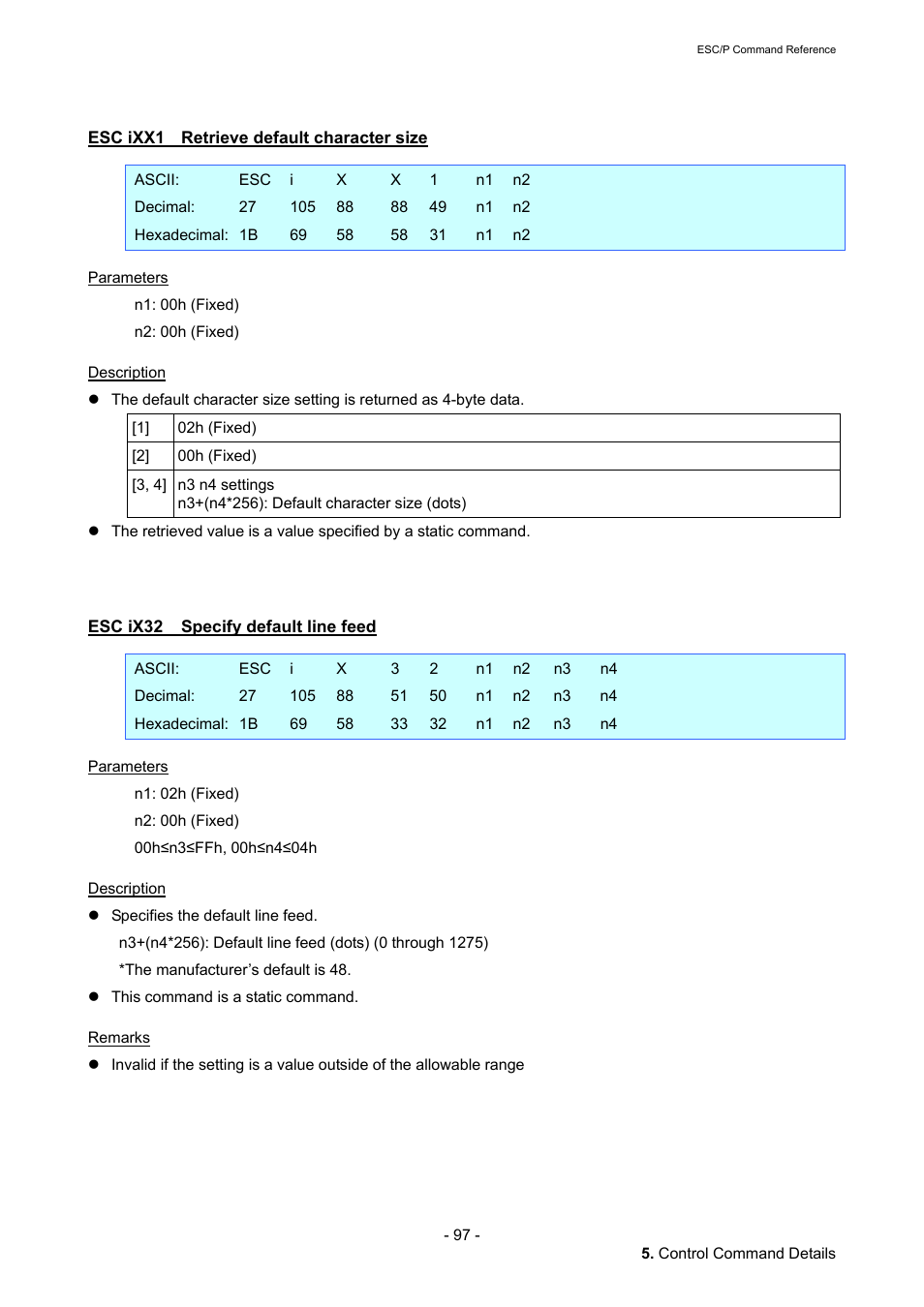 Esc ixx1 retrieve default character size, Esc ix32 specify default line feed, Esc ixx1 | Retrieve default character size, Esc ix32, Specify default line feed | Brother QL-720NW User Manual | Page 103 / 117