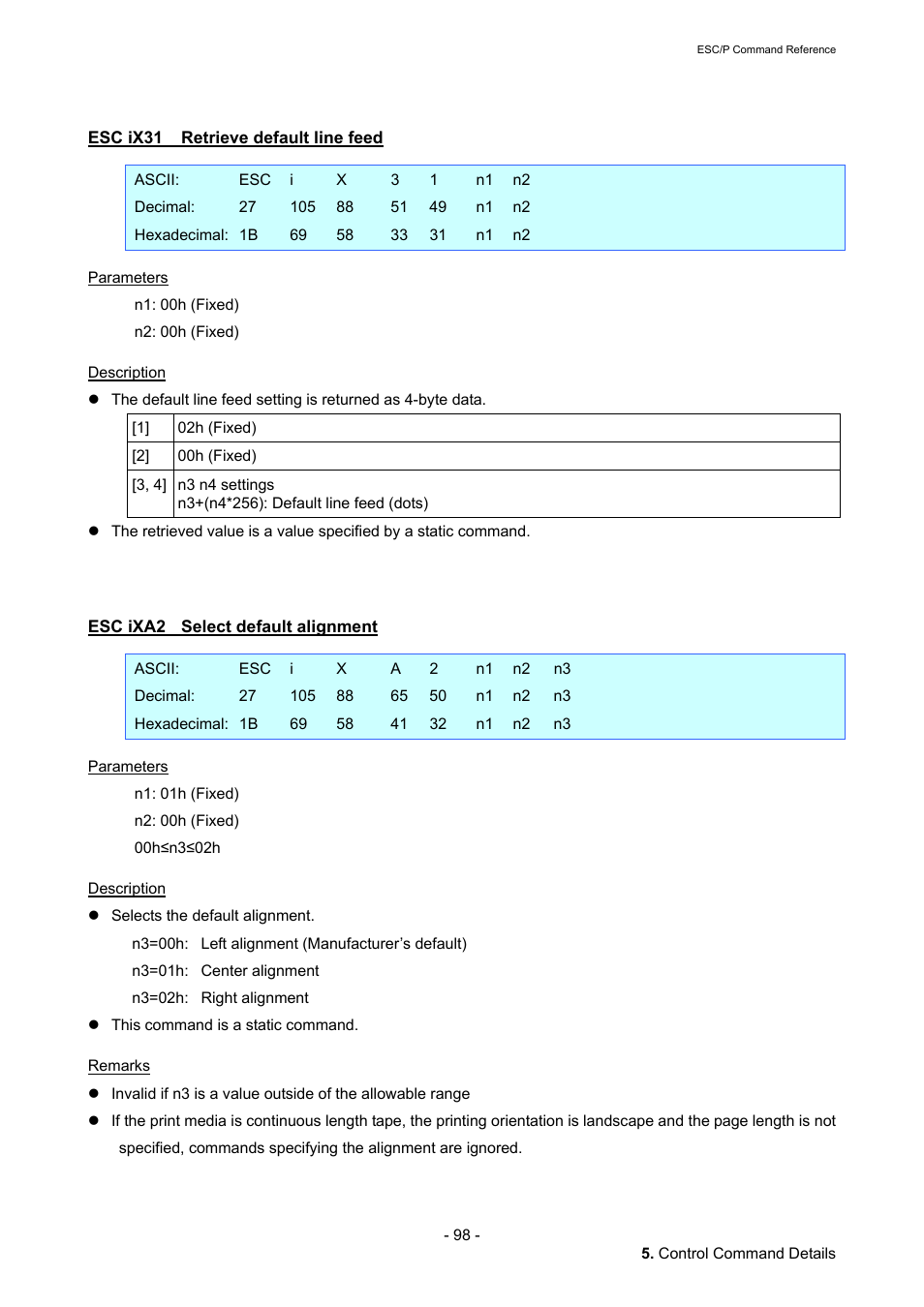 Esc ix31 retrieve default line feed, Esc ixa2 select default alignment, Esc ix31 | Retrieve default line feed, Esc ixa2, Select default alignment | Brother QL-720NW User Manual | Page 104 / 117