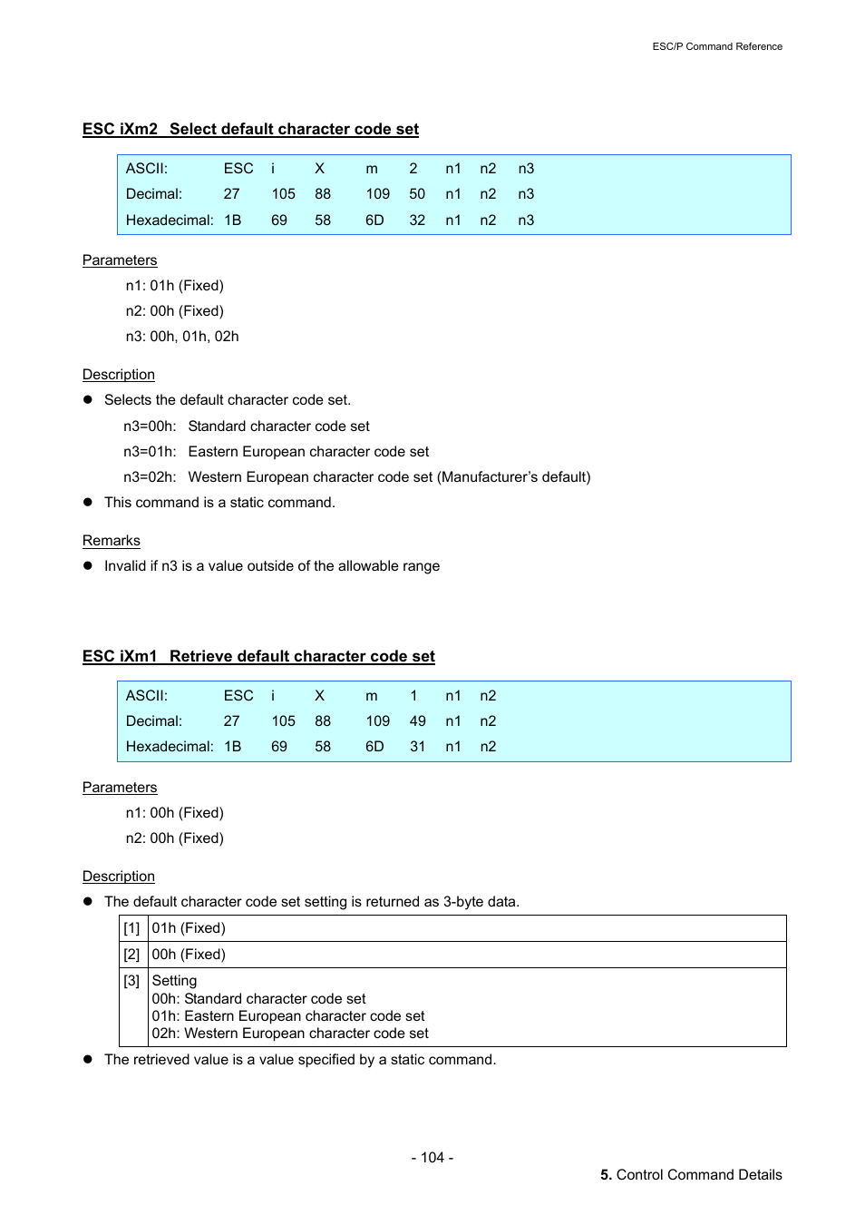 Esc ixm2 select default character code set, Esc ixm1 retrieve default character code set, Esc ixm2 | Select default character code set, Esc ixm1, Retrieve default character code set | Brother QL-720NW User Manual | Page 110 / 117