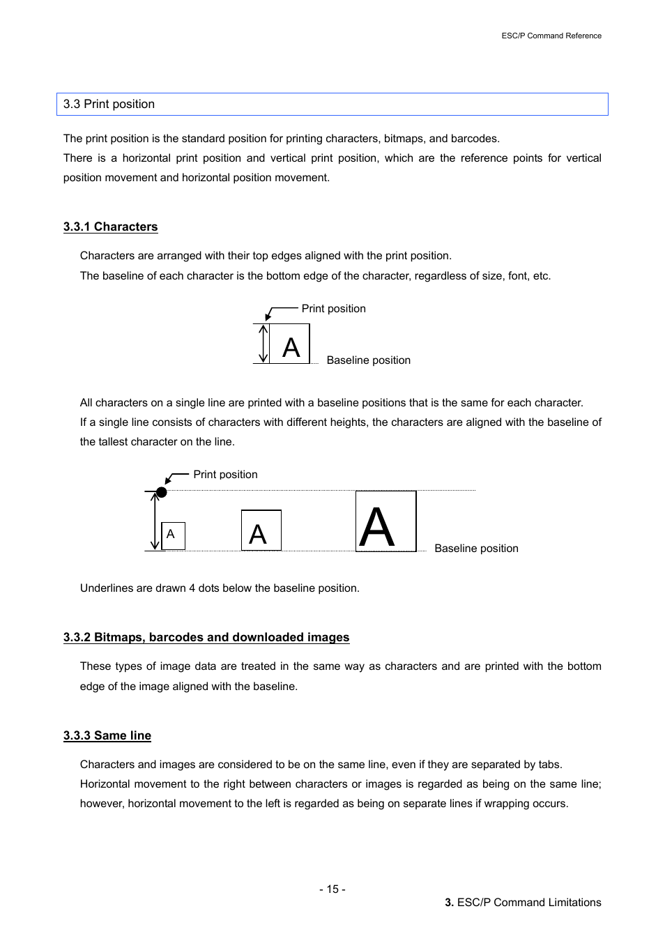 3 print position, 1 characters, 2 bitmaps, barcodes and downloaded images | 3 same line | Brother QL-720NW User Manual | Page 21 / 117