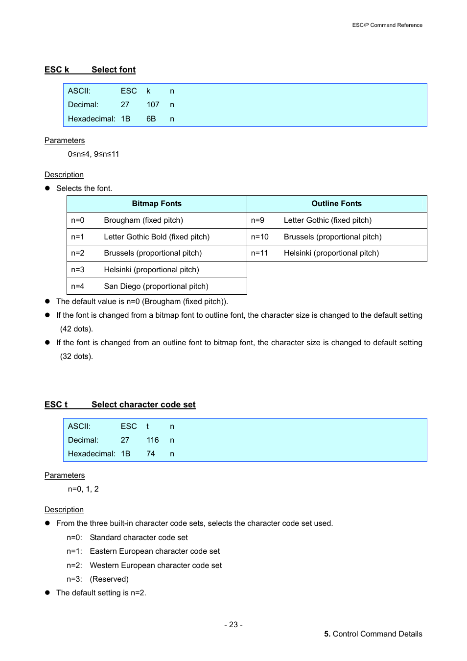 Esc k select font, Esc t select character code set, Esc k | Select font, Esc t, Select character code set | Brother QL-720NW User Manual | Page 29 / 117