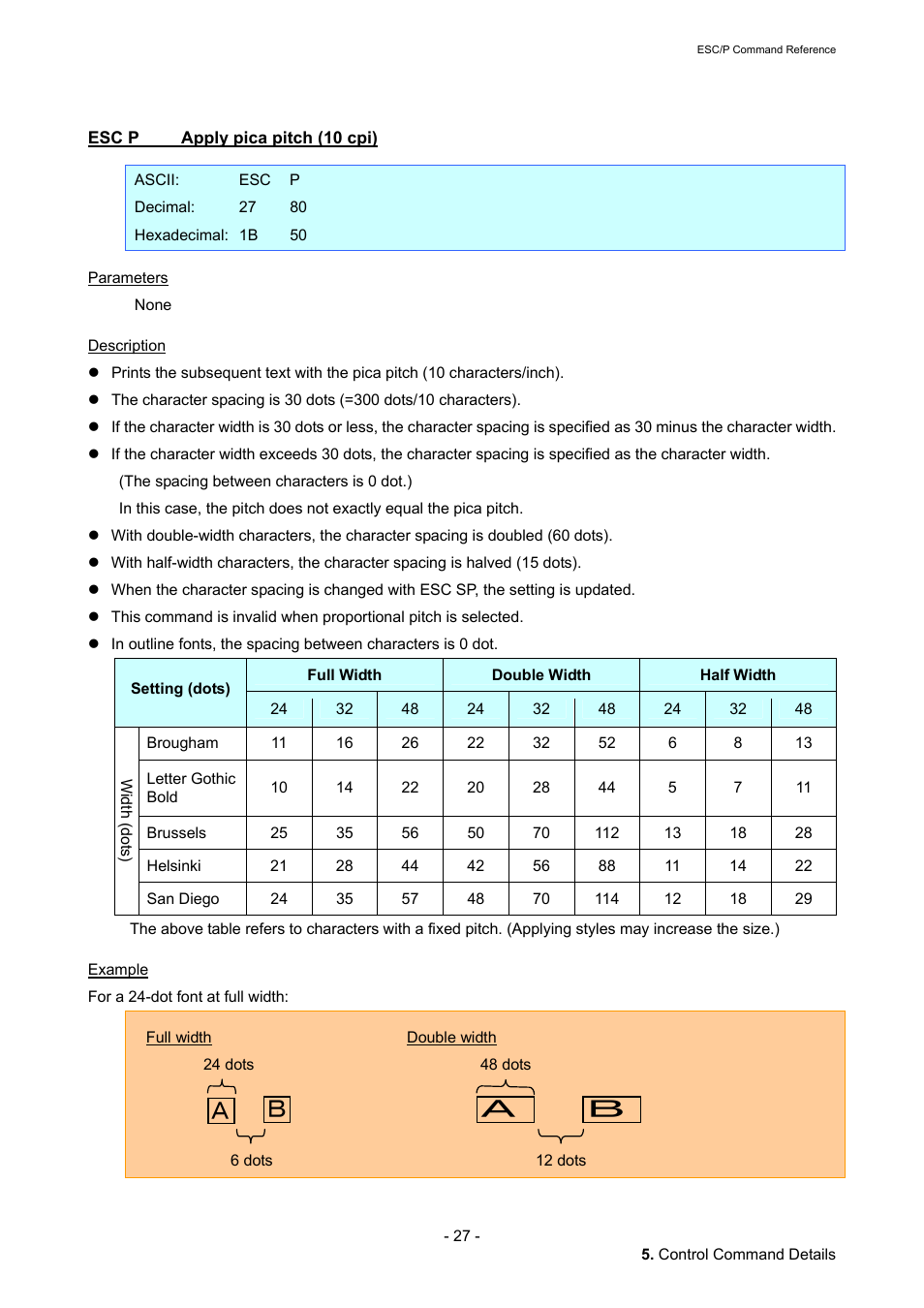 Esc p apply pica pitch (10 cpi), Esc p, Apply pica pitch (10 cpi) | Brother QL-720NW User Manual | Page 33 / 117
