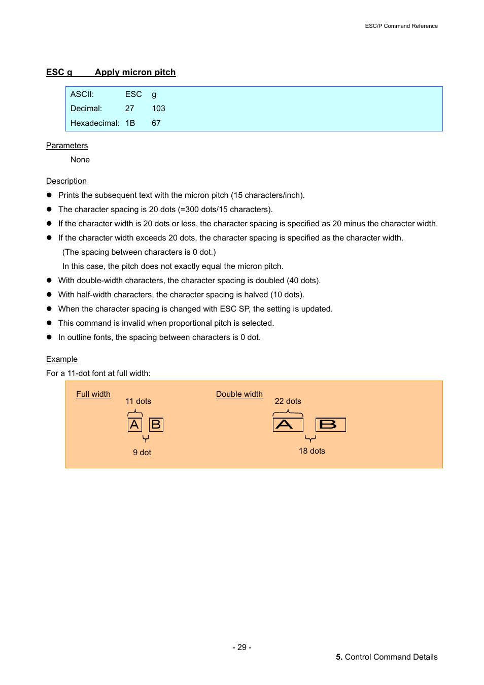 Esc g apply micron pitch, Esc g, Apply micron pitch | Brother QL-720NW User Manual | Page 35 / 117