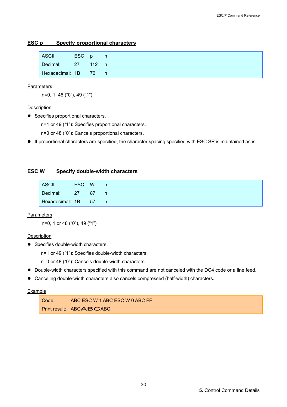 Esc p specify proportional characters, Esc w specify double-width characters, Esc p | Specify proportional characters, Esc w, Specify double-width characters | Brother QL-720NW User Manual | Page 36 / 117